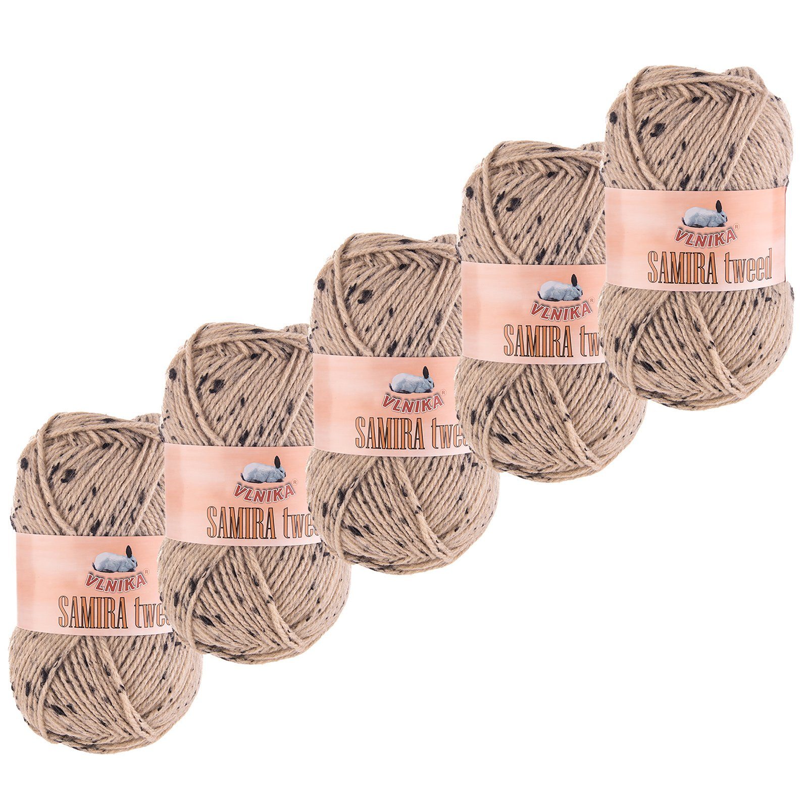 VLNIKA 5 x 100g Strickgarn Samira Tweed Klassikgarn Strickwolle Farbwahl Häkelwolle, 155 m, beige