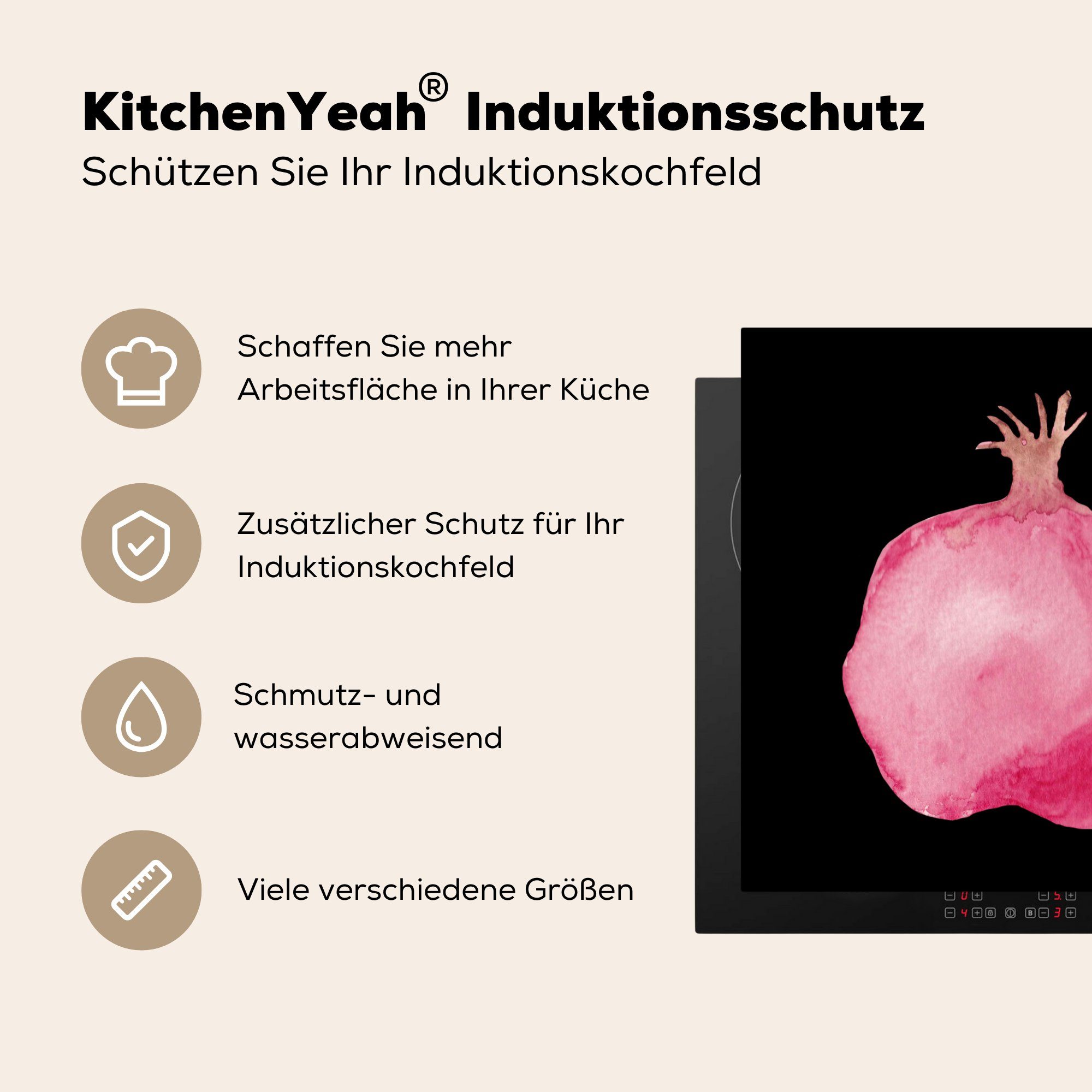 Schwarz, MuchoWow 78x78 küche Ceranfeldabdeckung, Vinyl, tlg), Granatapfel cm, für - (1 Arbeitsplatte - Herdblende-/Abdeckplatte Rosa