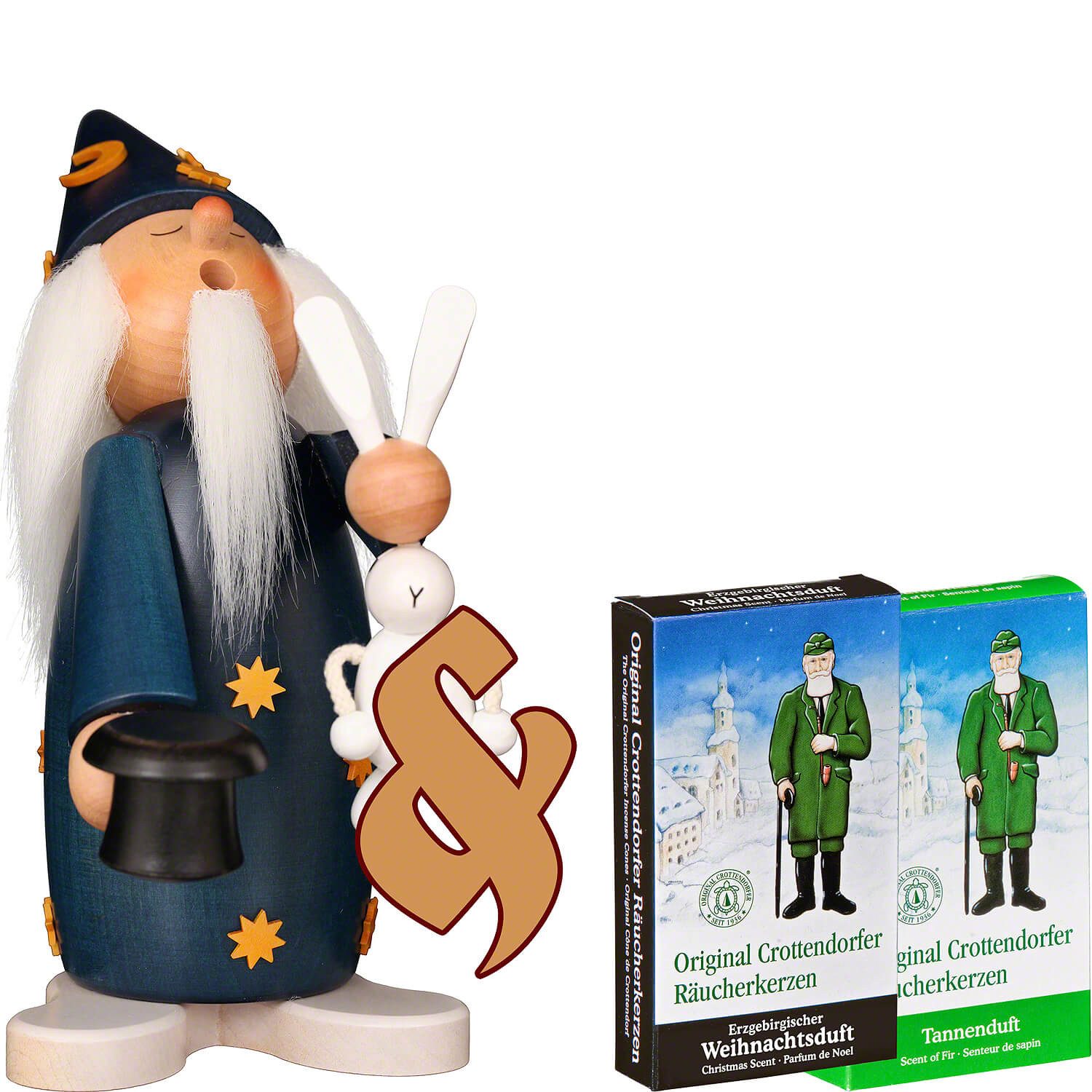 Erzgebirge-Palast Räuchermännchen Set Schlafmütze Zauberer und zwei Packungen Räucherkerzen Räuchermann
