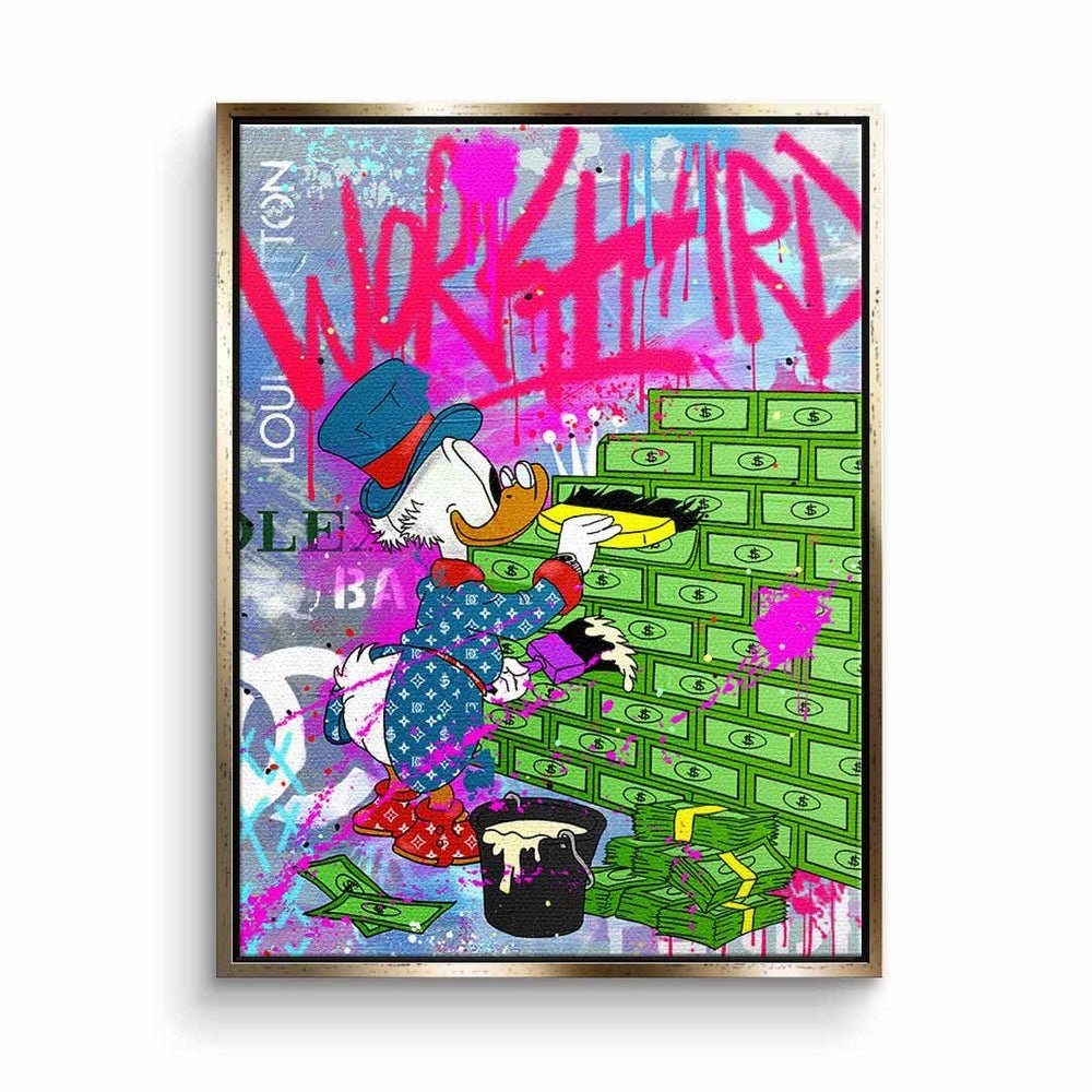 DOTCOMCANVAS® Leinwandbild, Dagobert Duck Leinwandbild Comic Pop Art Geld Graffiti hustle goldener Rahmen | Leinwandbilder
