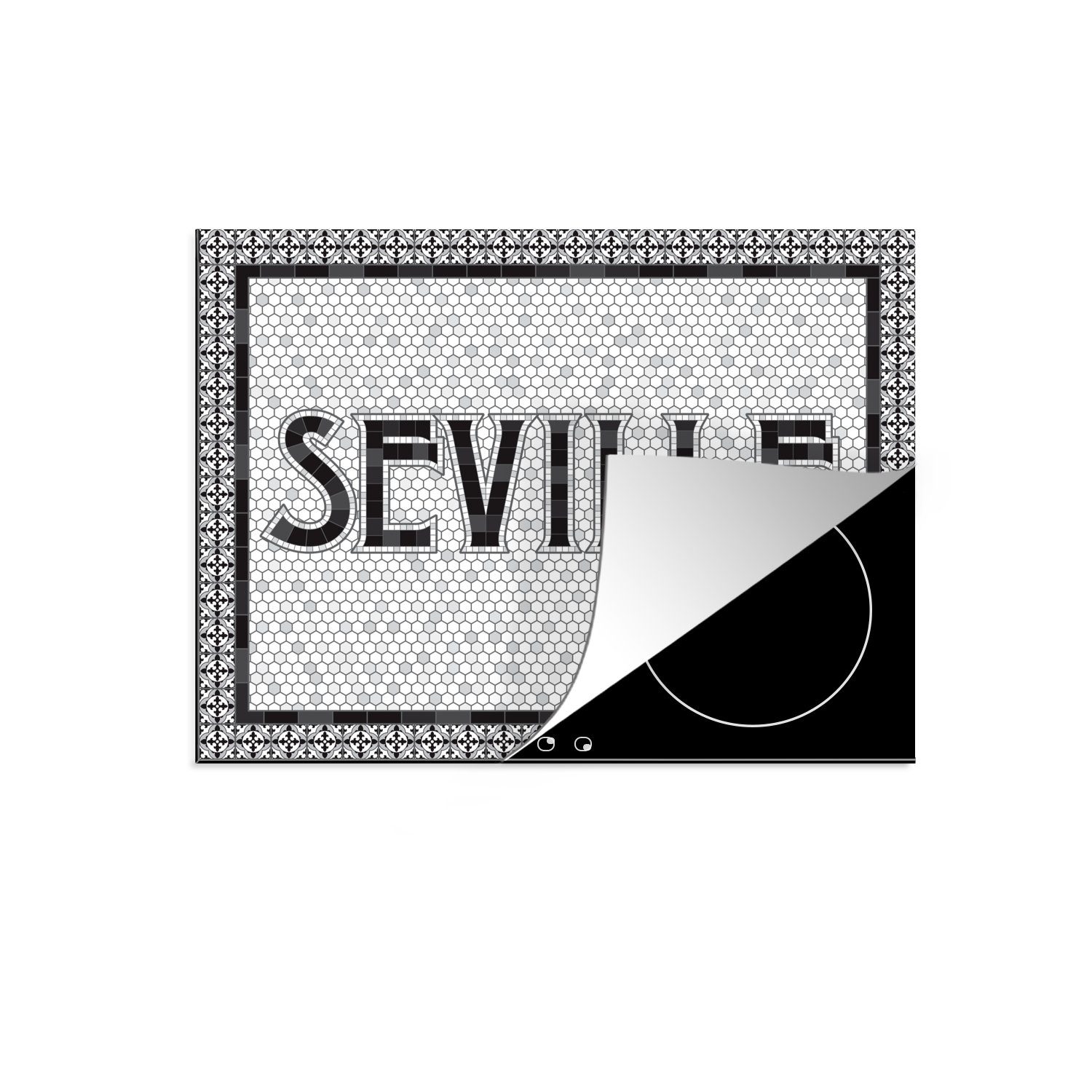 MuchoWow Herdblende-/Abdeckplatte Illustration des Namens der Stadt Sevilla im Mosaikstil, Vinyl, (1 tlg), 70x52 cm, Mobile Arbeitsfläche nutzbar, Ceranfeldabdeckung