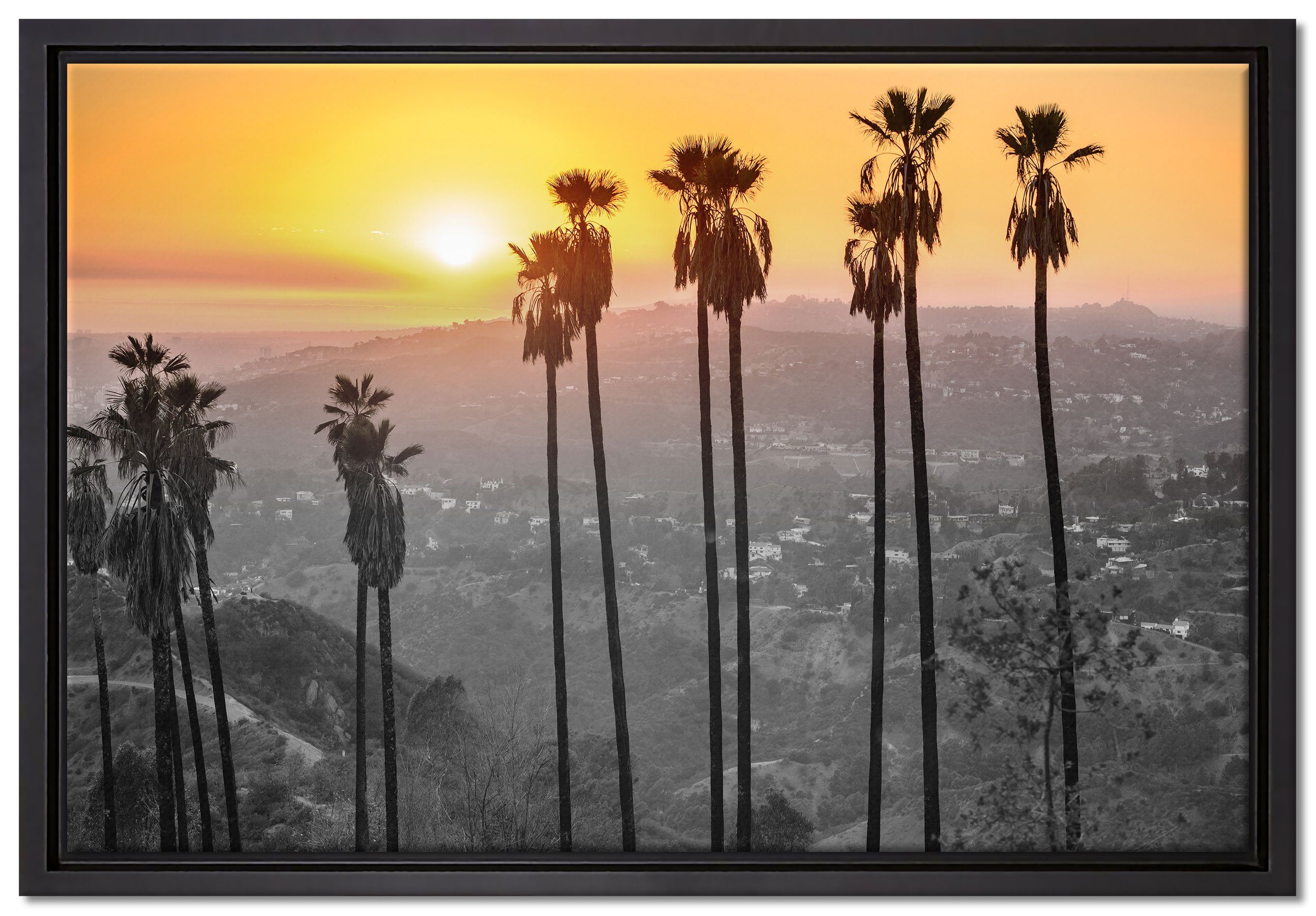 Pixxprint Leinwandbild Aussicht auf den Hollywood Hills, Wanddekoration (1 St), Leinwandbild fertig bespannt, in einem Schattenfugen-Bilderrahmen gefasst, inkl. Zackenaufhänger