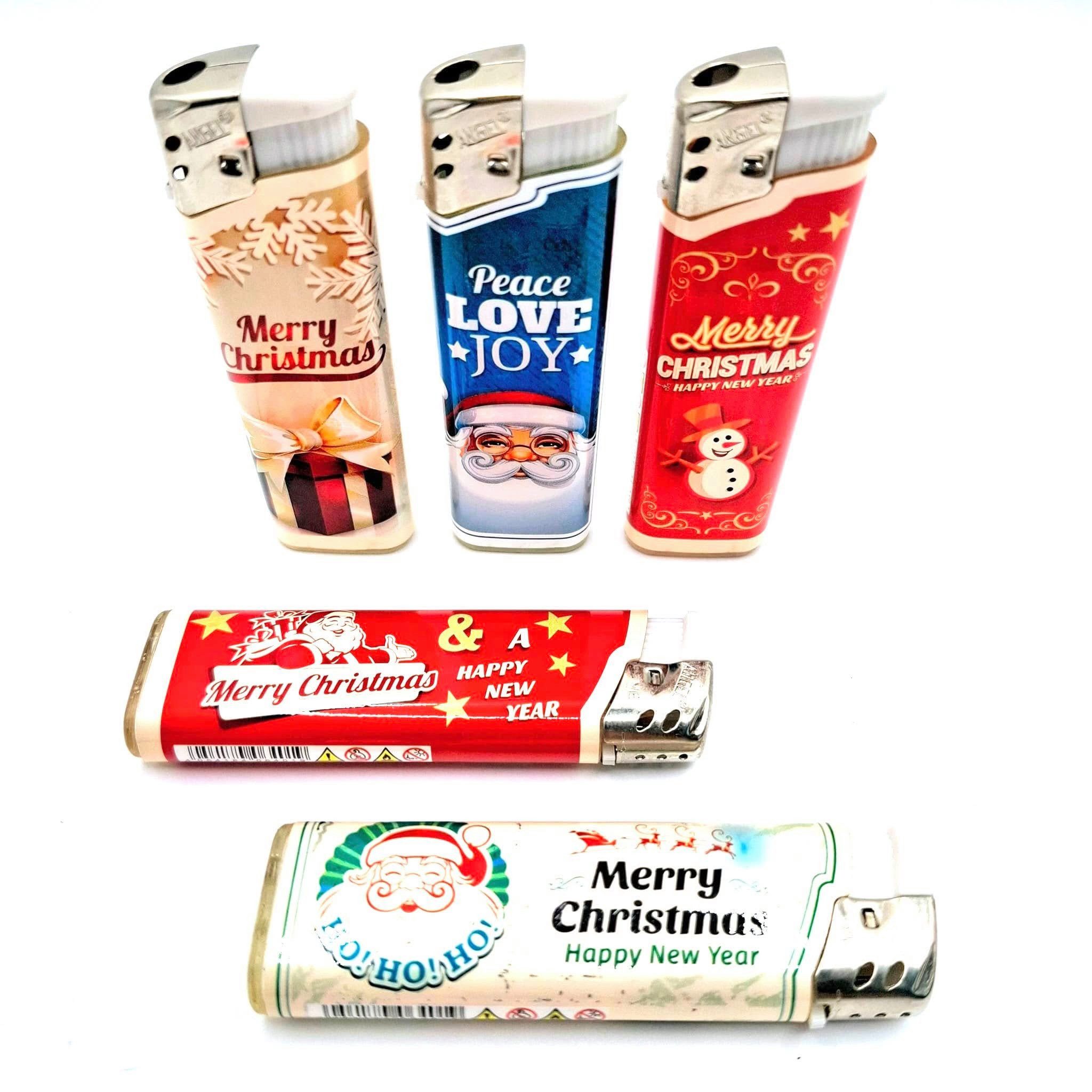 meytrade Feuerzeug vintage, retro Design für Weihnachten & Adventszeit 5 Stück im Set, merry Christmas vintage Feuerzeuge im 5er Set