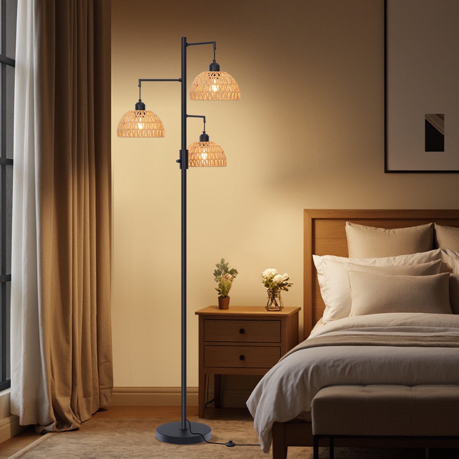 Jibenhome Stehlampe Boho Rattan Stehlampe mit 3 Lichtern dimmbar,180cm, Farmhouse Stehleuchten für Wohnzimmer Schlafzimmer Büro