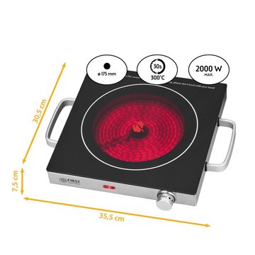 TZS FIRST AUSTRIA Einzelkochplatte Infrarot Kochplatte, 2000W, Glaskeramik, mit Griffen, mit Infrarot-Wärme, stufenlose Temperaturregelung, mobile, 17,5 cm