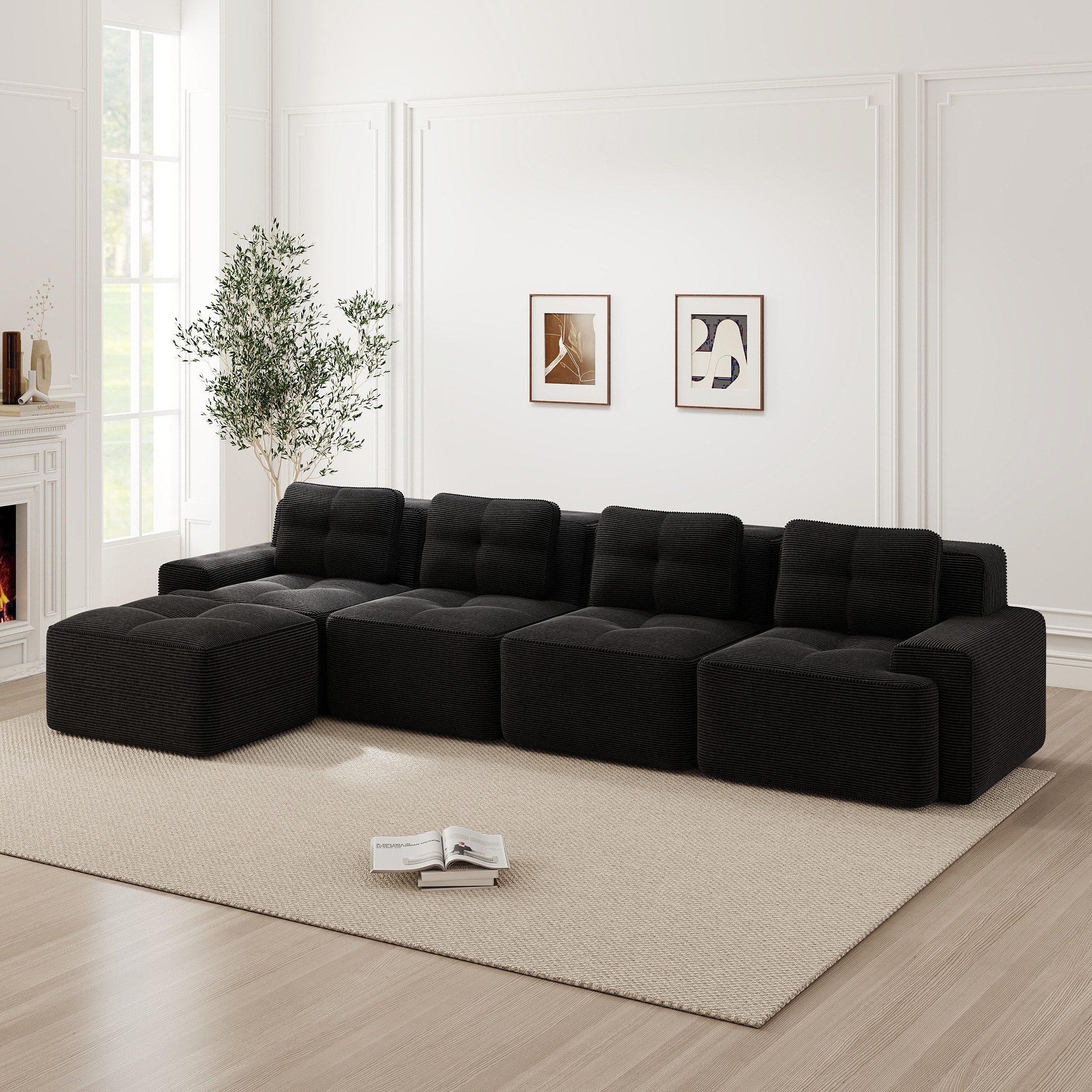 Odikalo Sofa Boneless Modulares Sofa kombinierbar Polstersofa Schlafsofa, Boneless Sofas für Wohnzimmer, Modulares Sofa mit L-förmiger Chaiselongue, 4-Sitzer Bequem Polstertes Tiefsitz Corduroy-Cloud-Sofa, Montagefreies Sofa, Rutschfestes Design