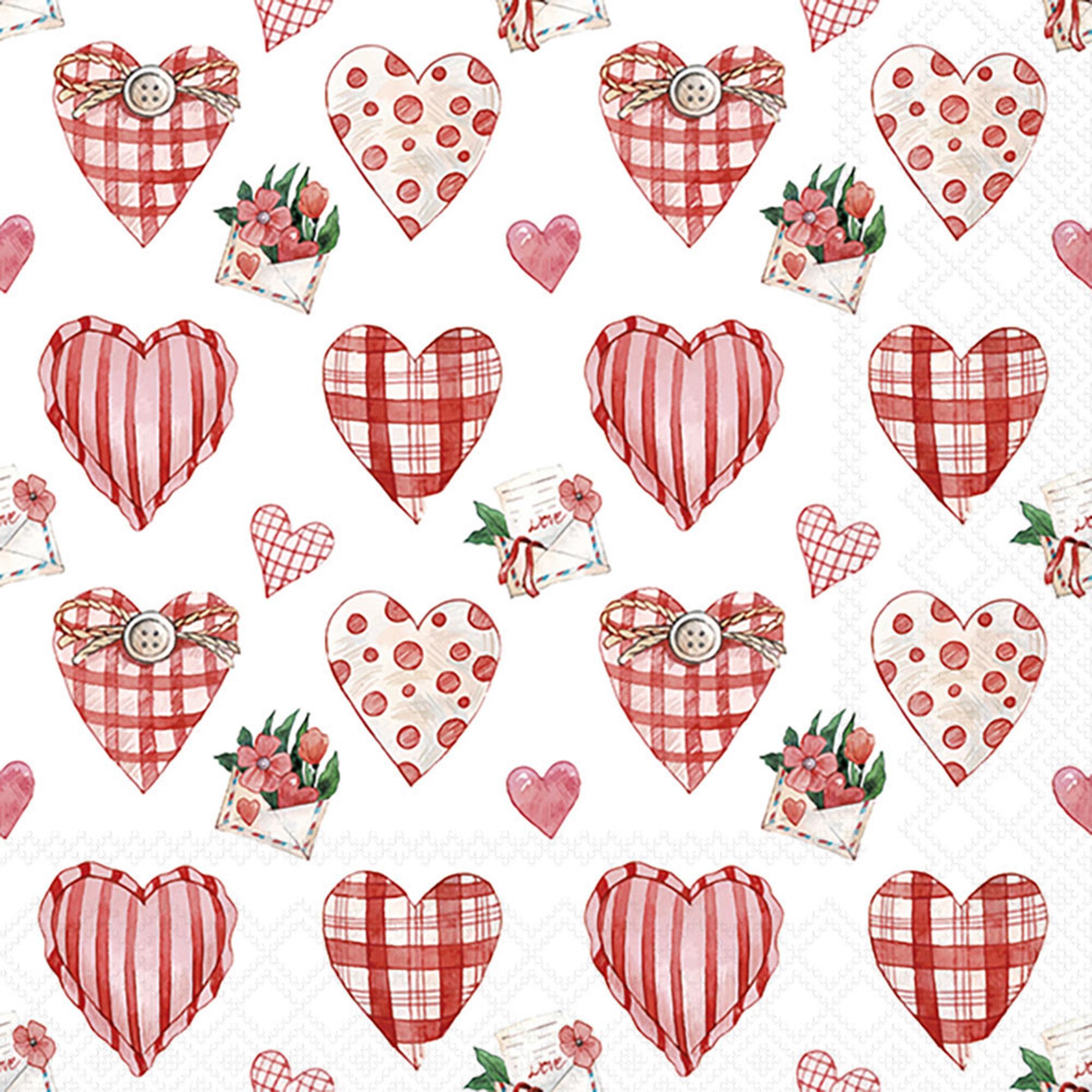Ambiente Luxury Paper Products Papierserviette, Servietten Papier 33x33cm 3-lag Patchwork-Herz Motiv Rot / Weiß 20Stk.