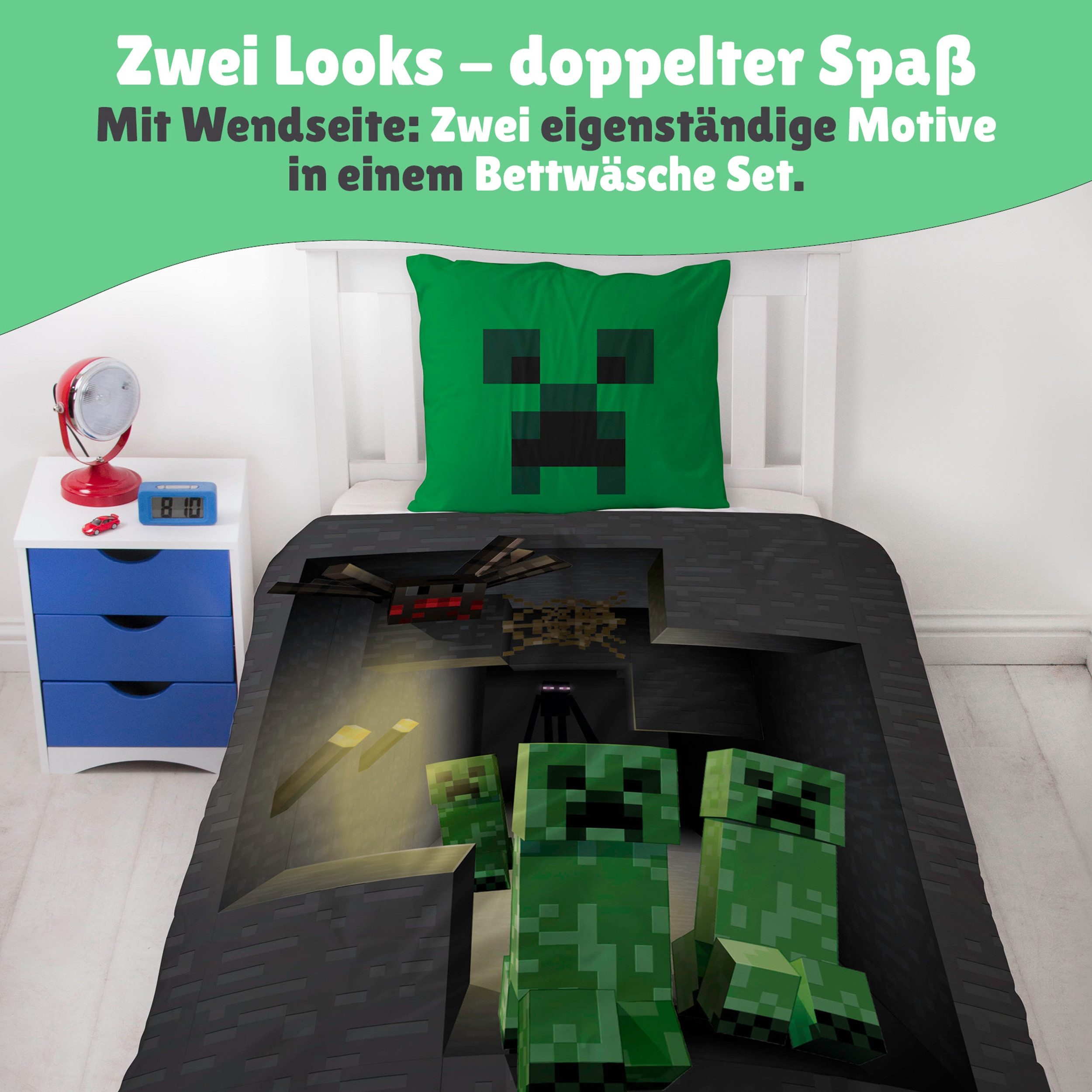 Familando Kinderbettwäsche Minecraft "Base" 135x200 + 80x80cm Gamingbettwäsche aus 100% Baumwolle, Renforcé, 2 teilig, mit 3D Motiv und Creeper Figuren – Bild 5 von 5