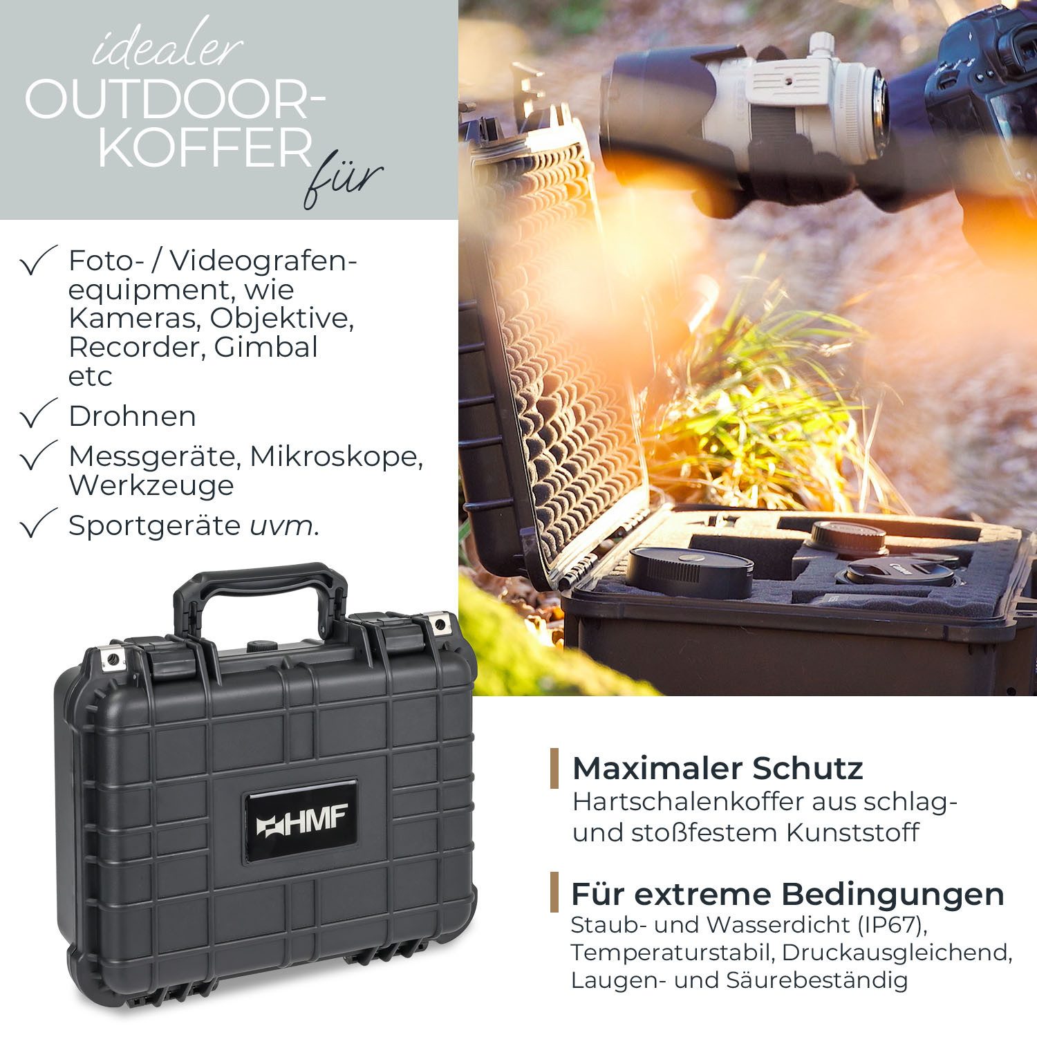 HMF Werkzeugkoffer Robuster Outdoorkoffer mit Druckausgleichsventil und Rasterschaumstoff, Outdoor-Koffer wasserdicht und staubdicht, 34 x 29,5 x15,5 cm, schwarz