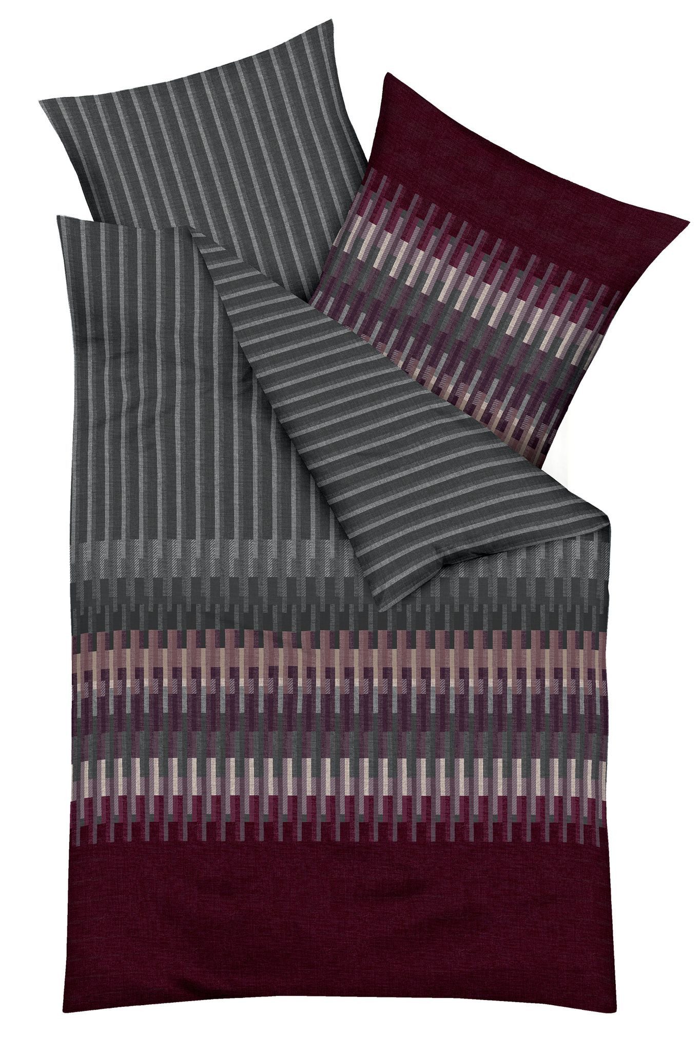 Kaeppel Bettwäsche 135x200cm Streifen Beere Grau, Mako-Satin, 2 teilig, modernes grafisches Streifenmuster, Reißverschluss
