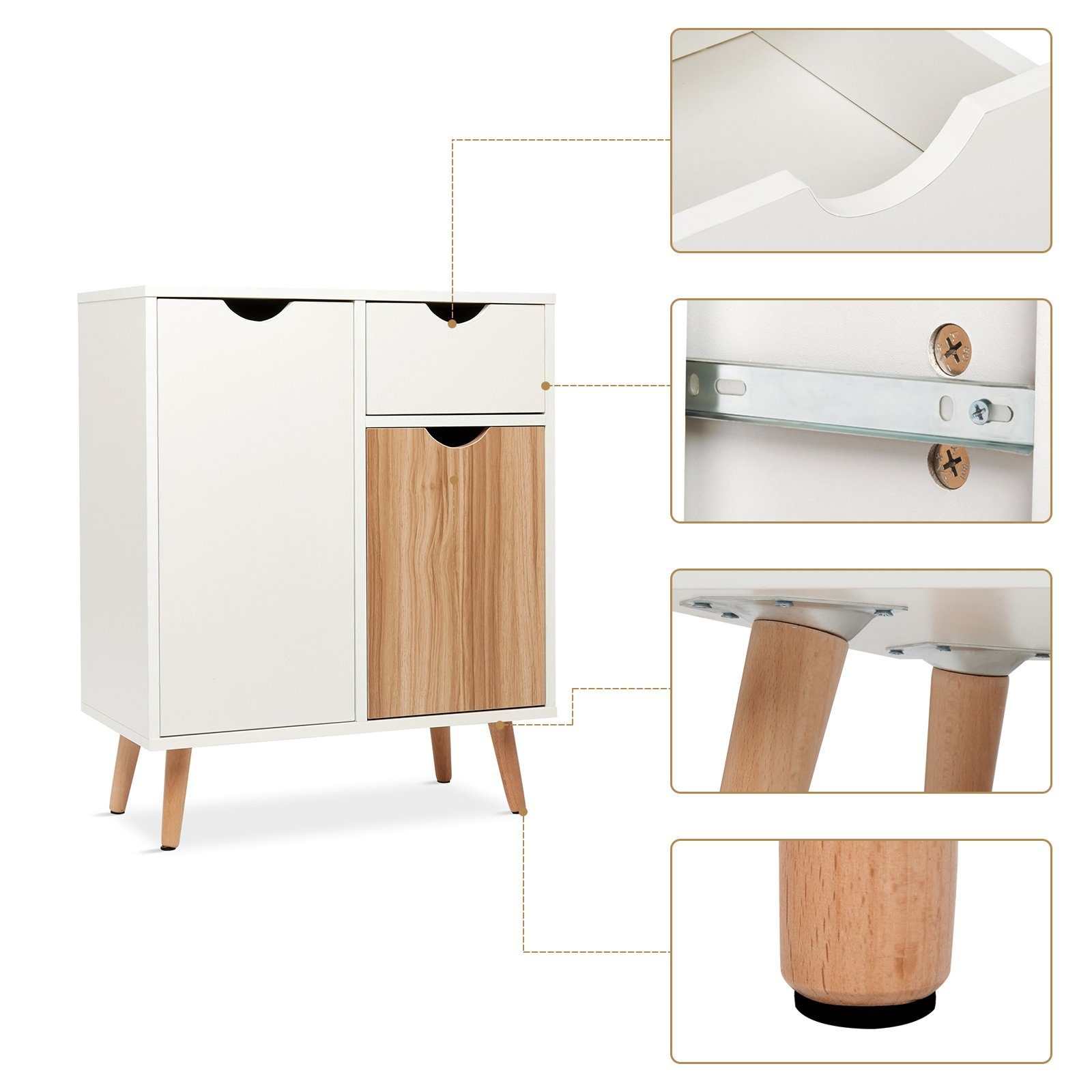 Mondeer Kommode Beistellschrank, Multifunktionale Möbel mit 1 Schublade und 2 Türen, Weiß + Eiche