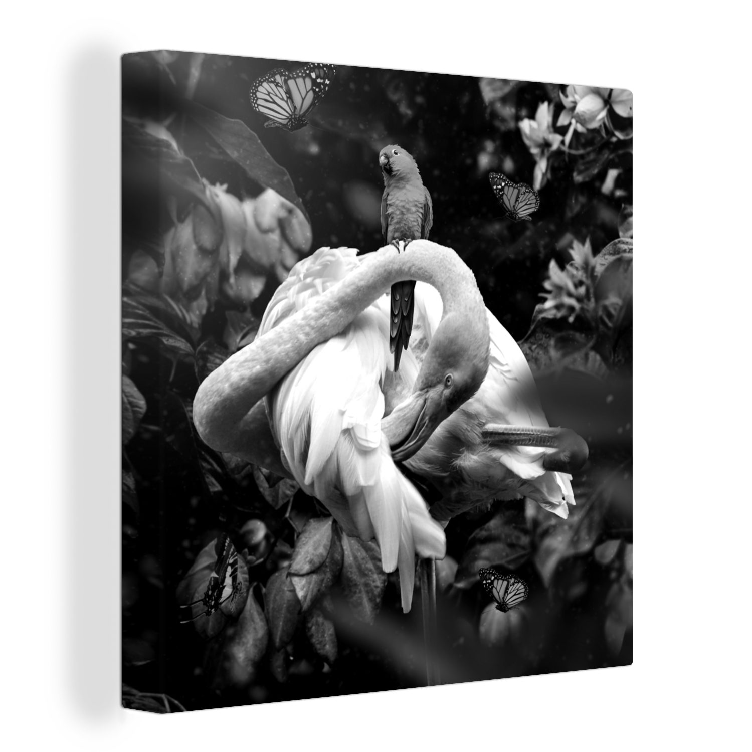 OneMillionCanvasses® Leinwandbild Flamingo - Schmetterlinge - Dschungel - Schwarz - Weiß, (1 St), Leinwand Bilder für Wohnzimmer Schlafzimmer