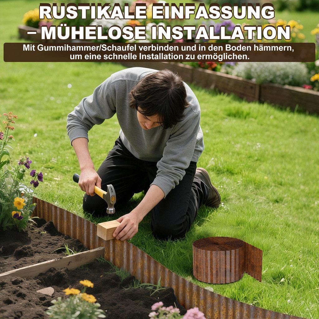 FIVMEN Beetumrandung Rasenkante 5m/10m Beetbegrenzung aus Metall, Rost, Verzinkt Rasenbleche Mähkante Flexible, 15/18cm Hoch, Wellig – Bild 5 von 5