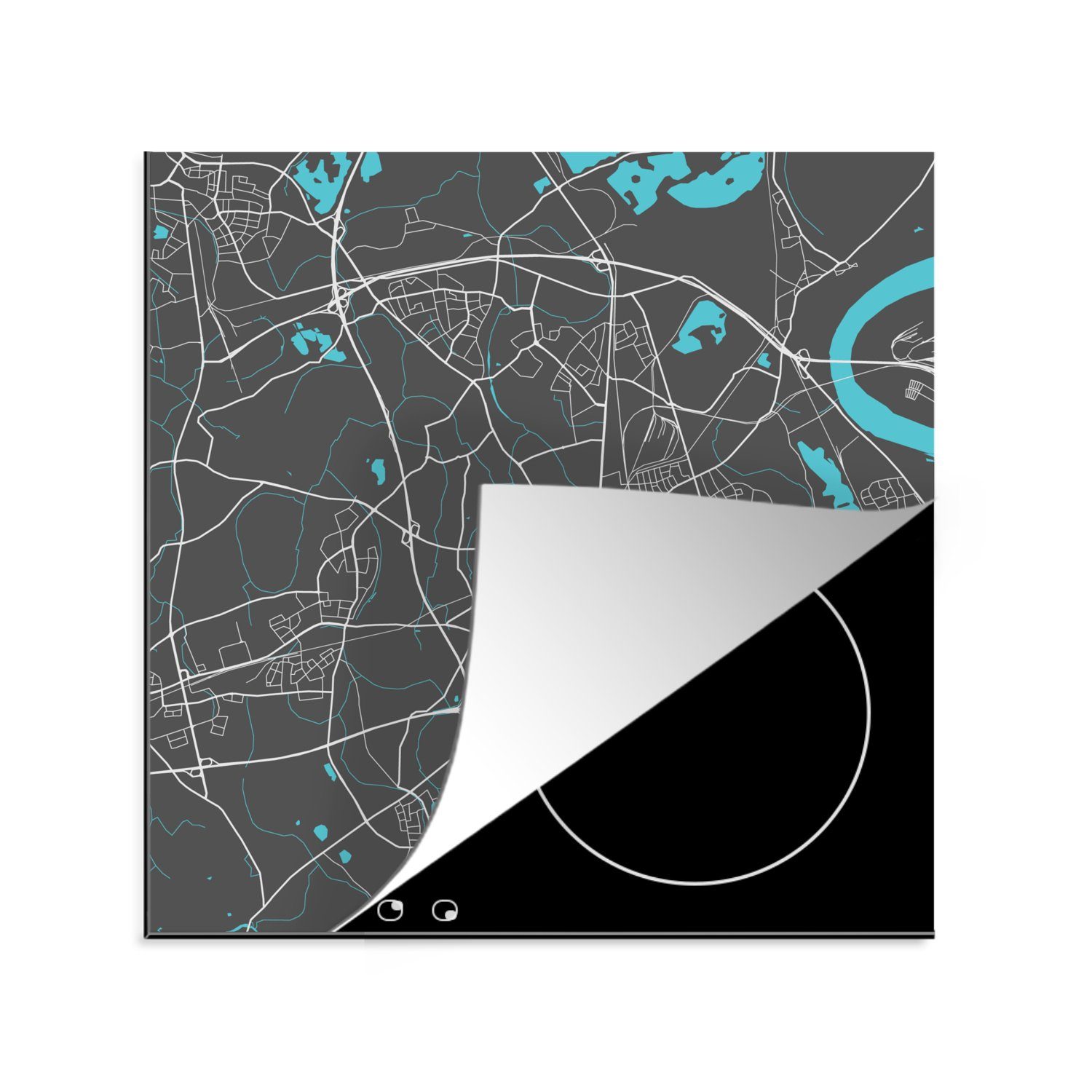 MuchoWow Herdblende-/Abdeckplatte Karte - Moers - Blau - Stadtplan - Deutschland, Vinyl, (1 tlg), 78x78 cm, Ceranfeldabdeckung, Arbeitsplatte für küche