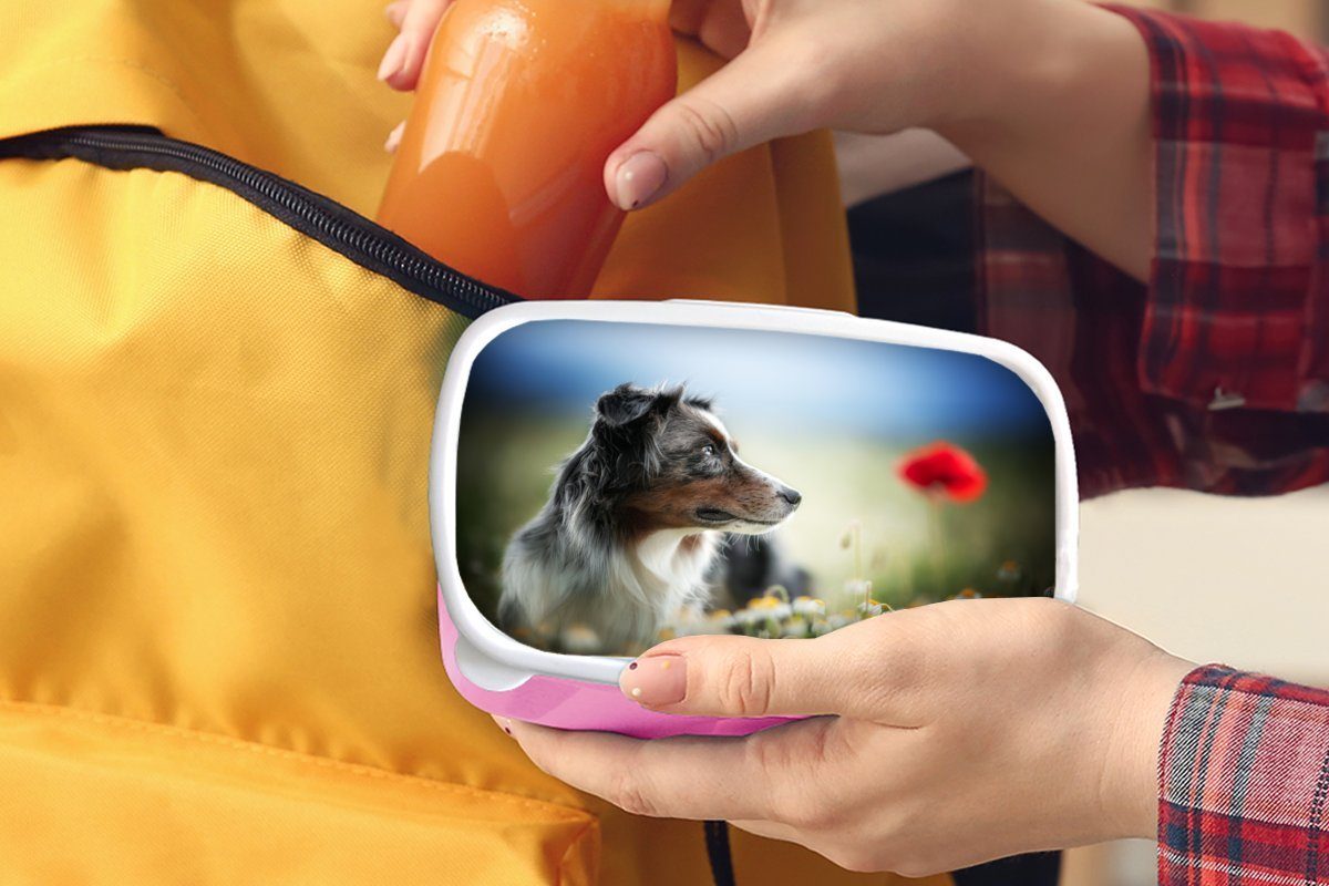 MuchoWow Lunchbox Hund - Blumen Farben, Brotbox Snackbox, für (2-tlg), Kunststoff Kinder, Erwachsene, Kunststoff, - Mädchen, Brotdose rosa