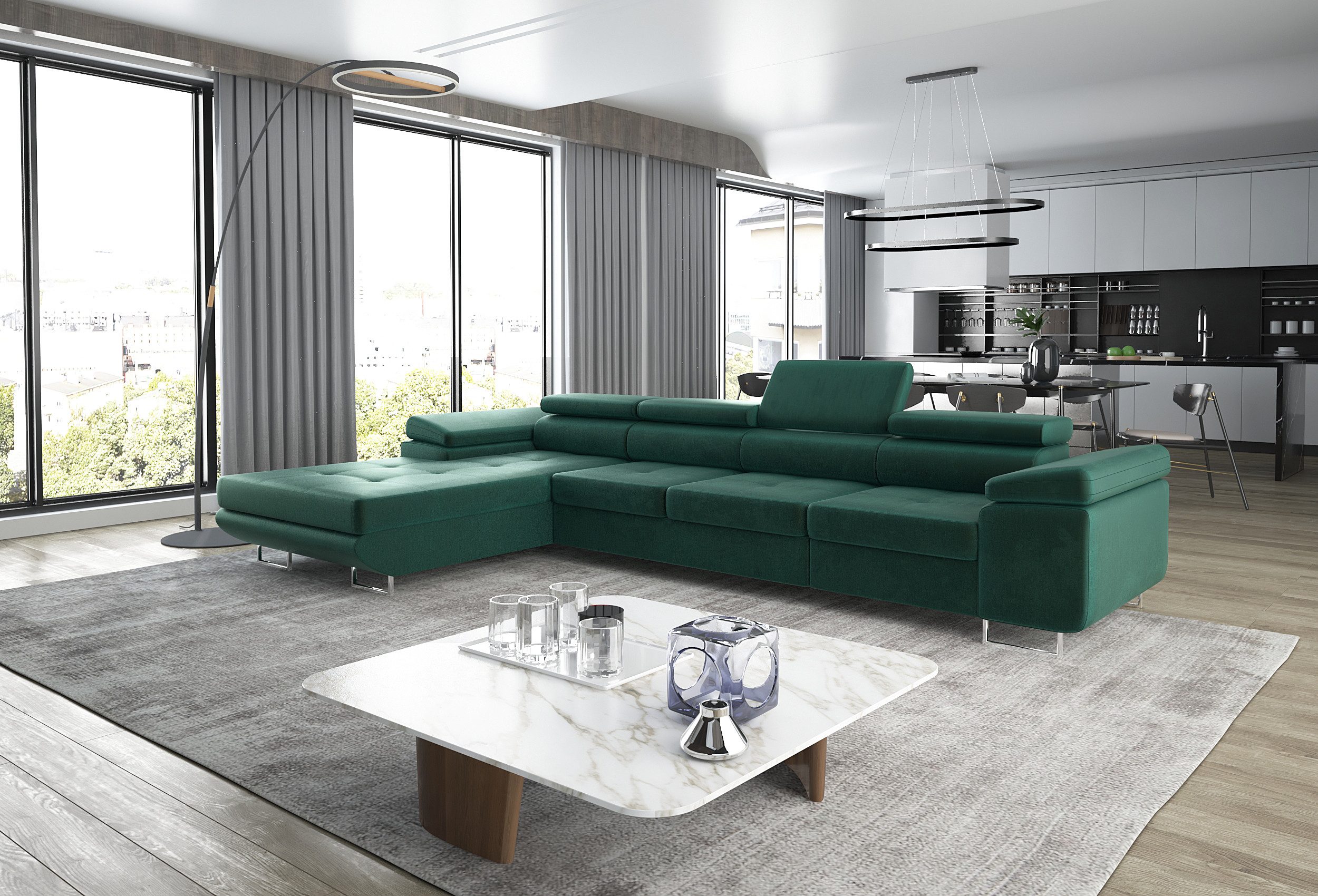 thematys Ecksofa ALVARO MAXI 355 x 204cm mit Schlaffunktion & Bettkasten –, L-Sofa mit 4 verstellbaren Kopfstützen, Samt (Monolotith), oder Cord (Poso) - L-Form, XL-Wohnlandschaft, 355 cm breit