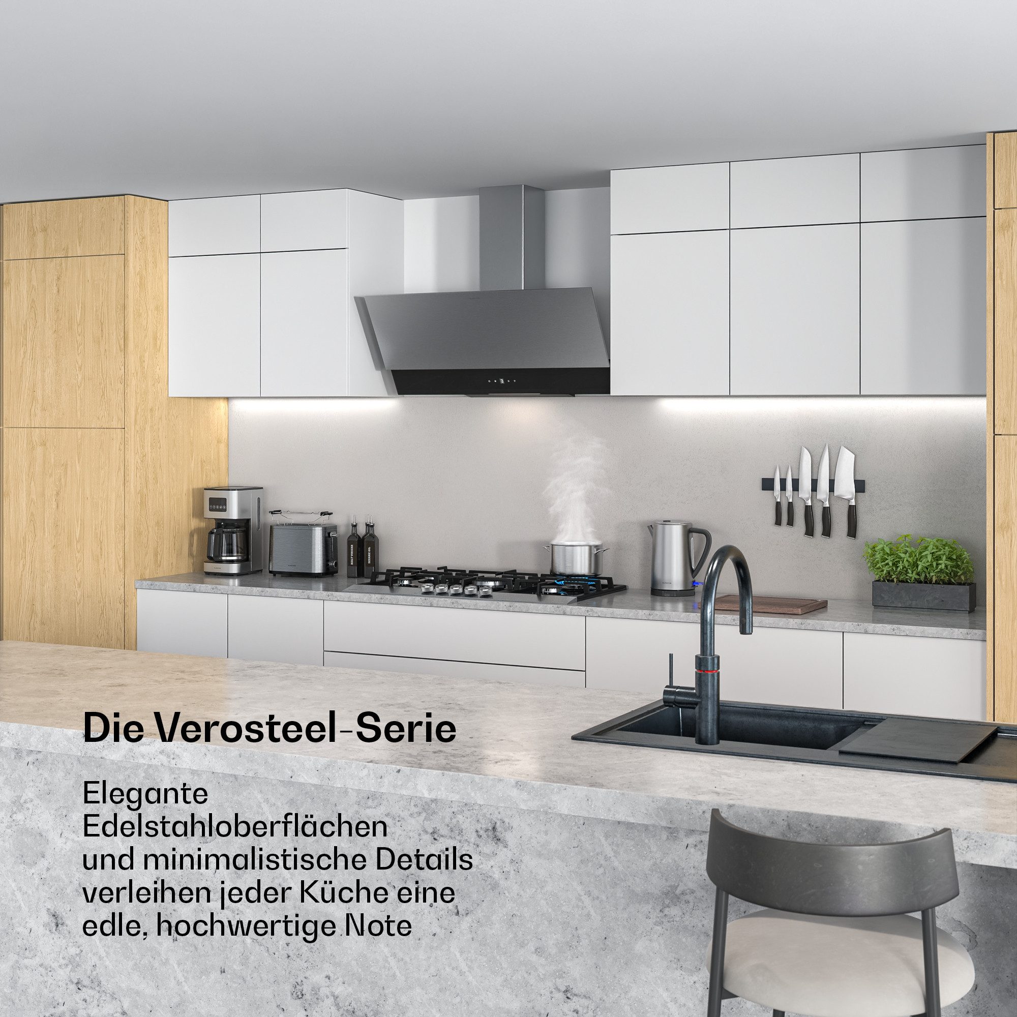 Klarstein Deckenhaube VeroSteel Serie Verosteel Dunstabzug 90 cm 624 m³/h A++ Touch LED kopffrei Edelstahl VeroSteel, Dunstabzugshaube kopffrei Abluft mit Glas-Front 90 cm leise