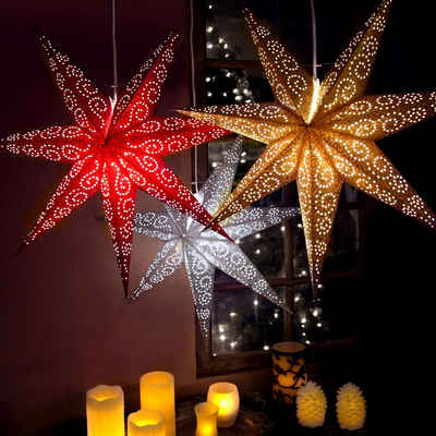 STAR TRADING LED Stern Papierstern Leuchtstern Faltstern 7-zackig hängend 60cm mit Kabel rot