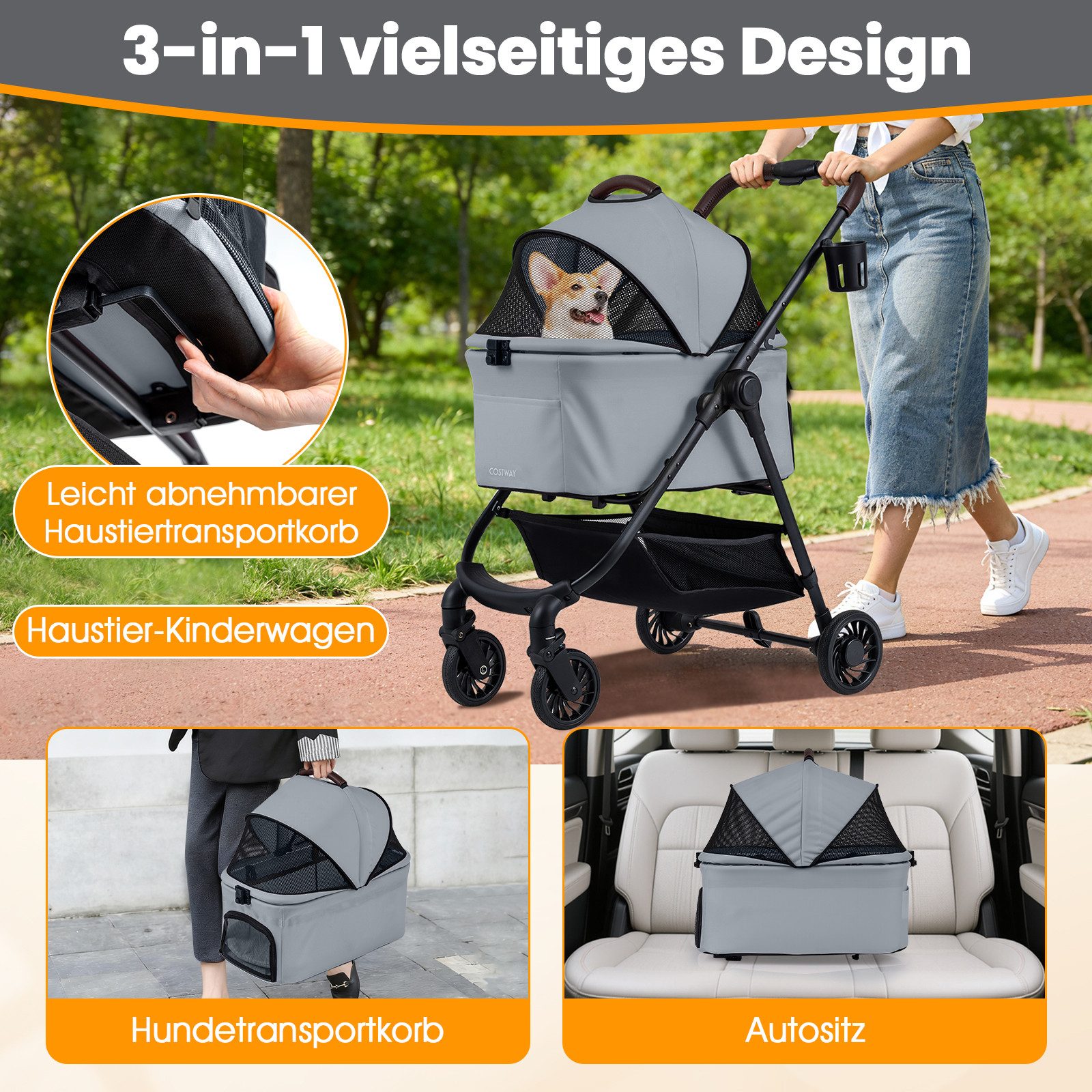 COSTWAY Hundebuggy, (1-tlg), Hundewagen, Haustiere Buggy bis 15 kg, klappbar