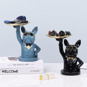HYTIREBY Tierfigur Französische Bulldogge Tablett Deko Statue, Hund Skulptur, (1 St), Hund Dekofigur Aufbewahrungs Tablett Statue Mit Tablett