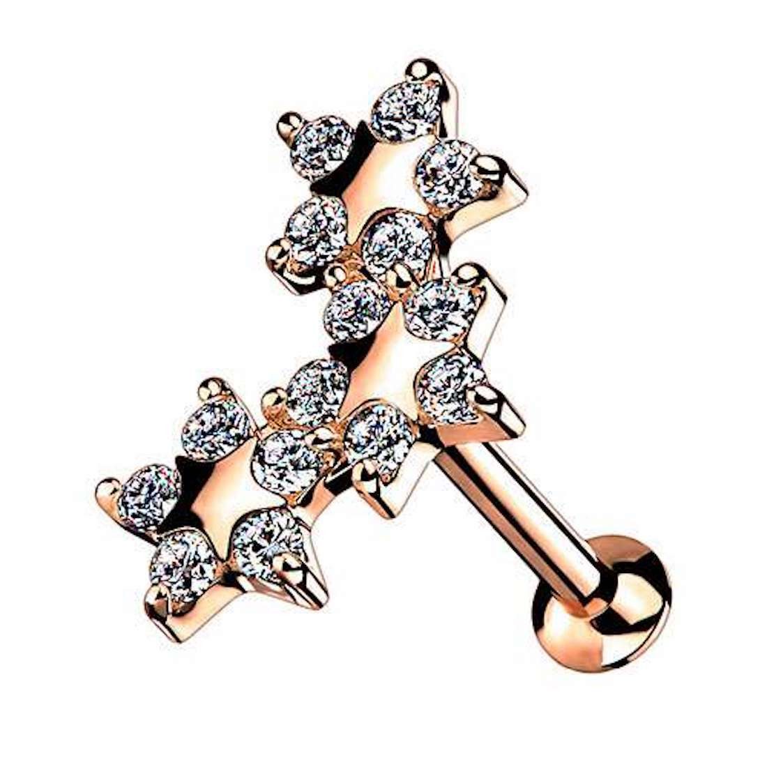 Piercing-Set Tragus Labret Piercing Stecker flach Kristall Sterne Rosegold 8mm