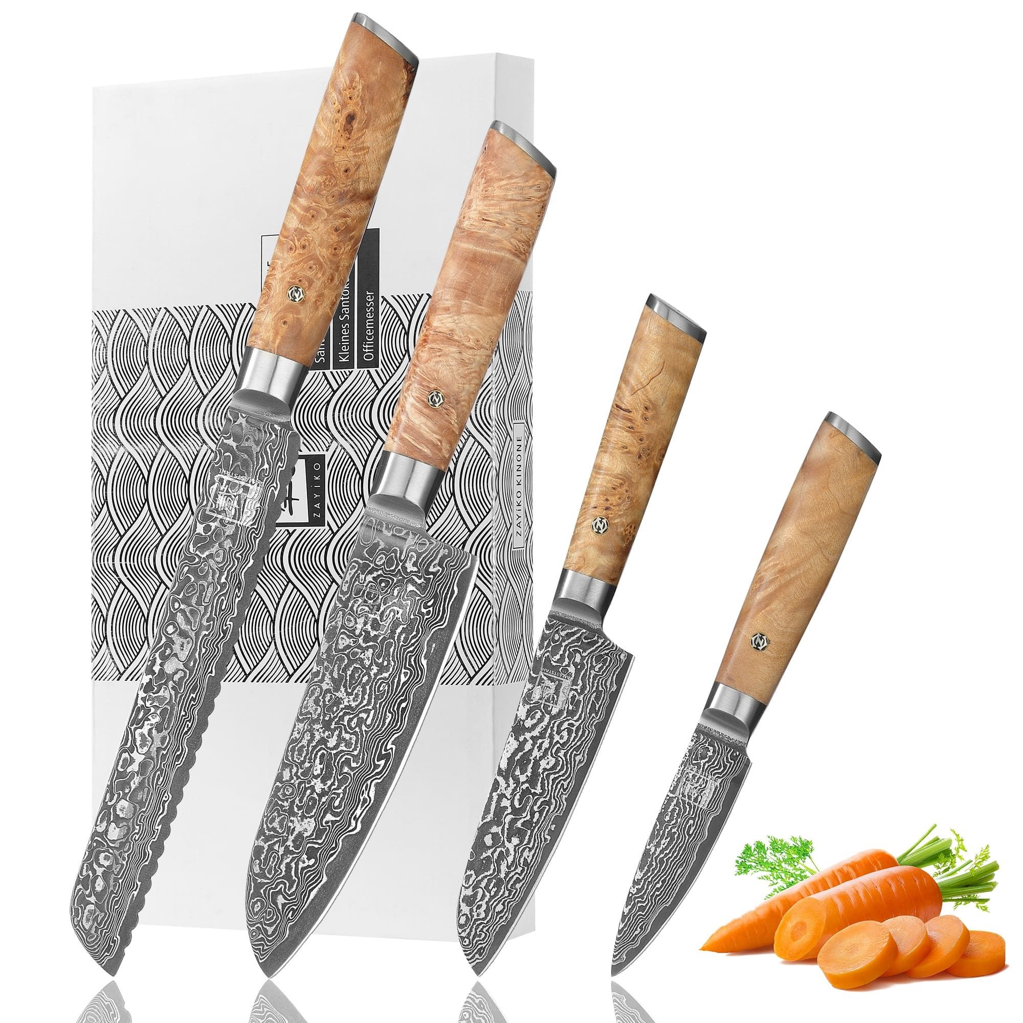 OTTO Messer-Set Kinone 4er Damastmesser-Set I 8-20 cm Klingen I Wurzelholzgriffe Birke, dunkler Damaststahl