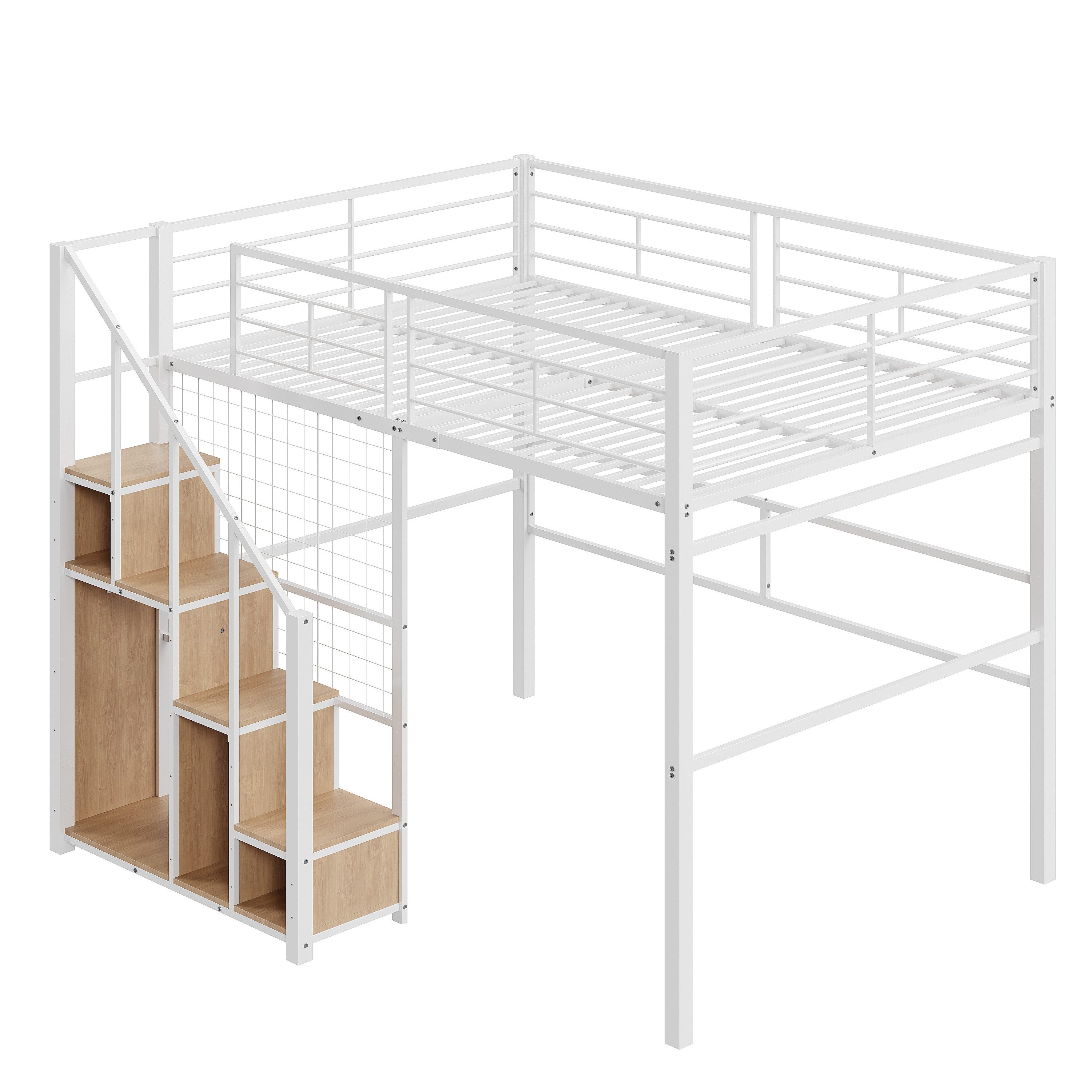 EXTSUD Hochbett Hochbett 90x200 cm mit Sicherheitsleiter, Ablage & Eisenrahmen Jugendbett, Einzelbett mit Ablagefläche