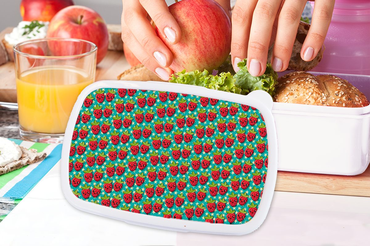 MuchoWow Lunchbox - - Kinder für Design, und für Brotdose, Kinder Erdbeeren und (2-tlg), Obst Vegan - Jungs Kunststoff, Brotbox Erwachsene, - Mädchen weiß