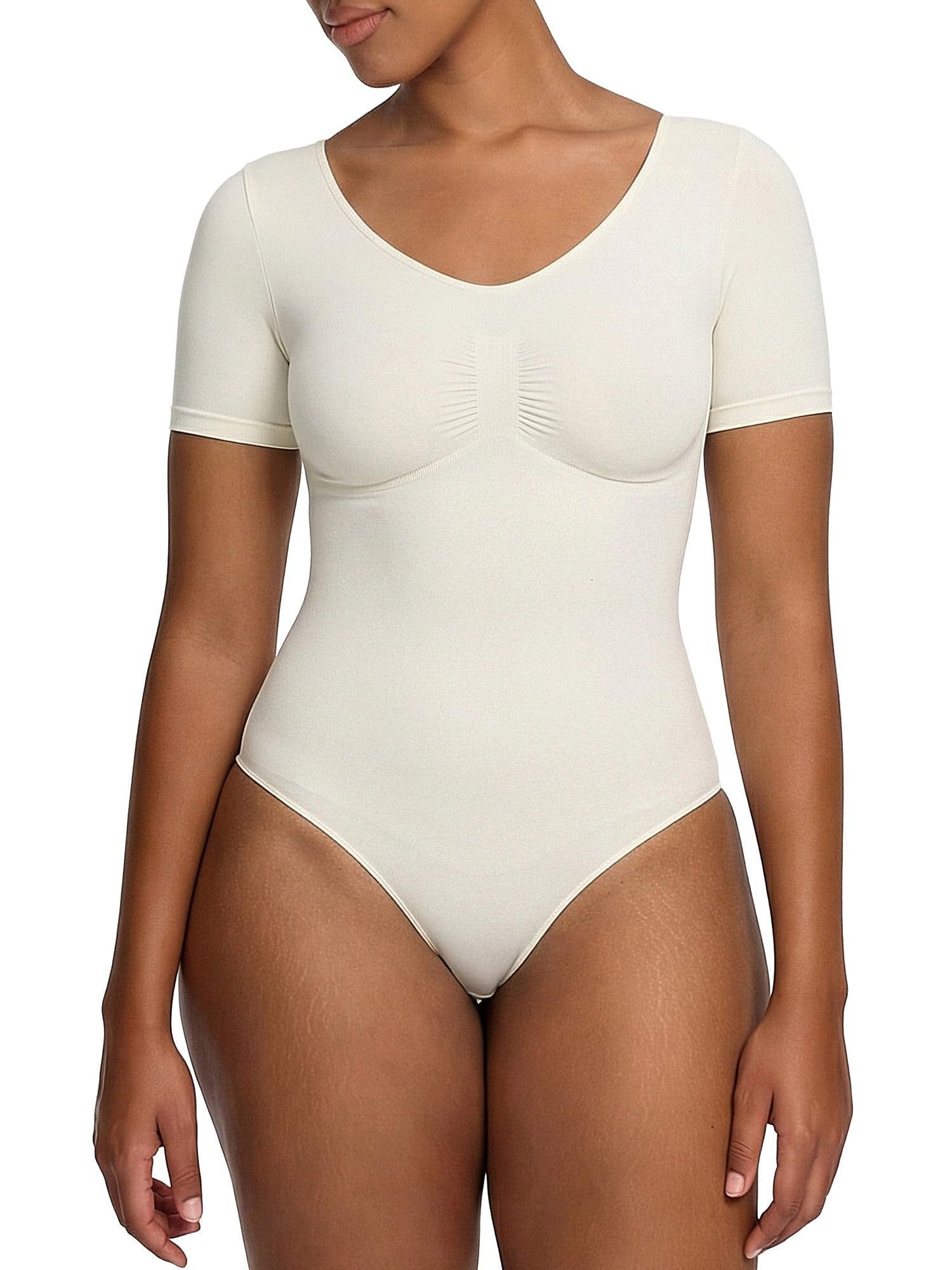 cfab by creamy fabrics Miederbody T-Shirt Bodysuit Sculpting Shapewear mit String-Weiß-L (1-tlg) Figurformend