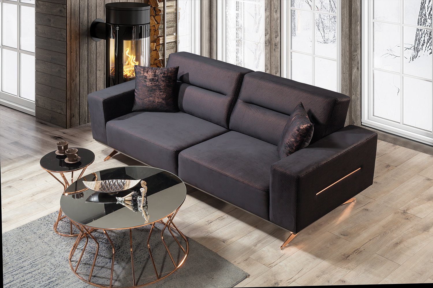 Soprano, Möbel Sitztiefenverstellung, Qualtiy TURKEY, Samtstoff made eleganter in Stk. 2-Sitzer, Schwarz Sofa 1 Villa