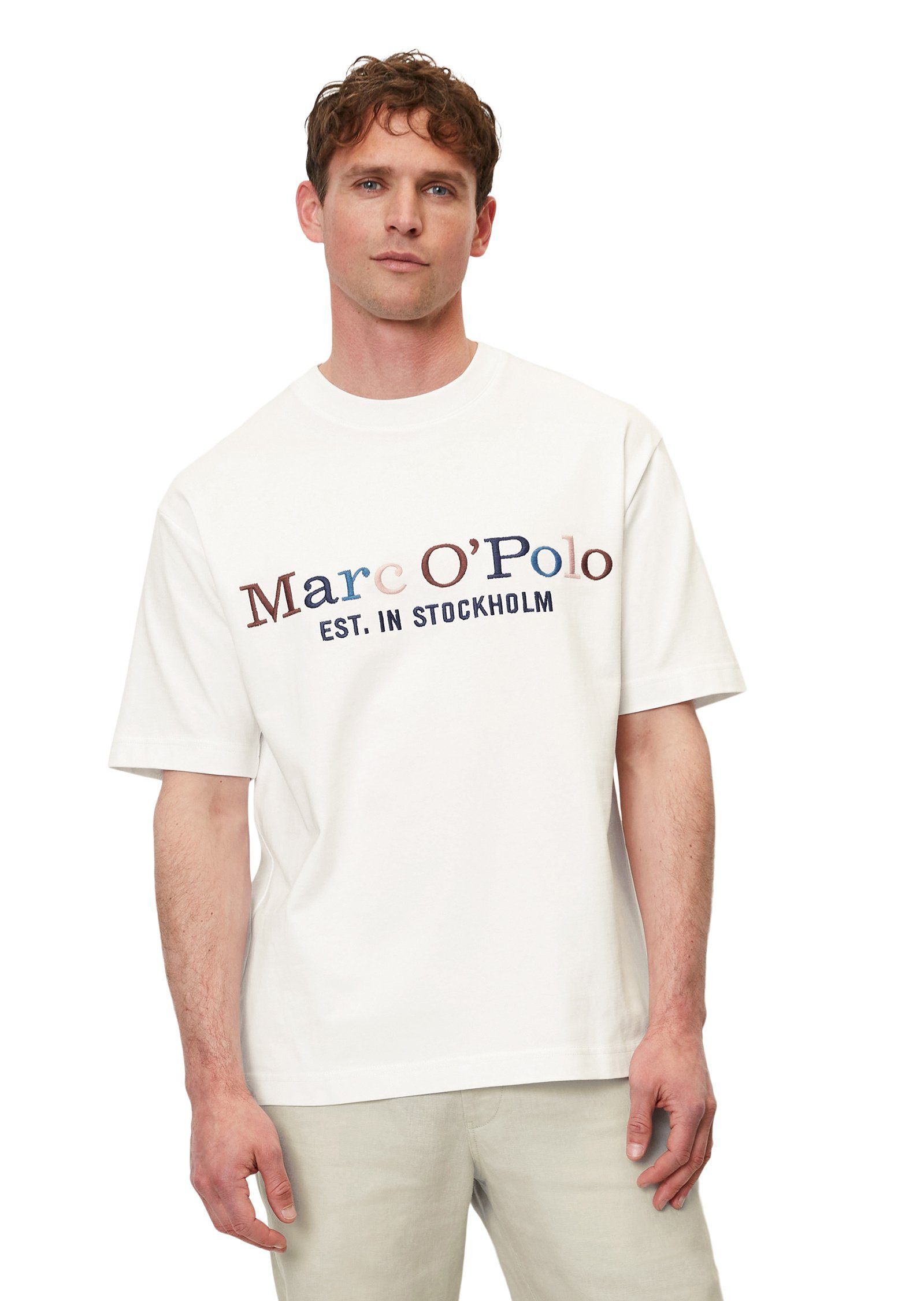 Marc O'Polo T-Shirt mit mehrfarbiger Logo-Stickerei weiß
