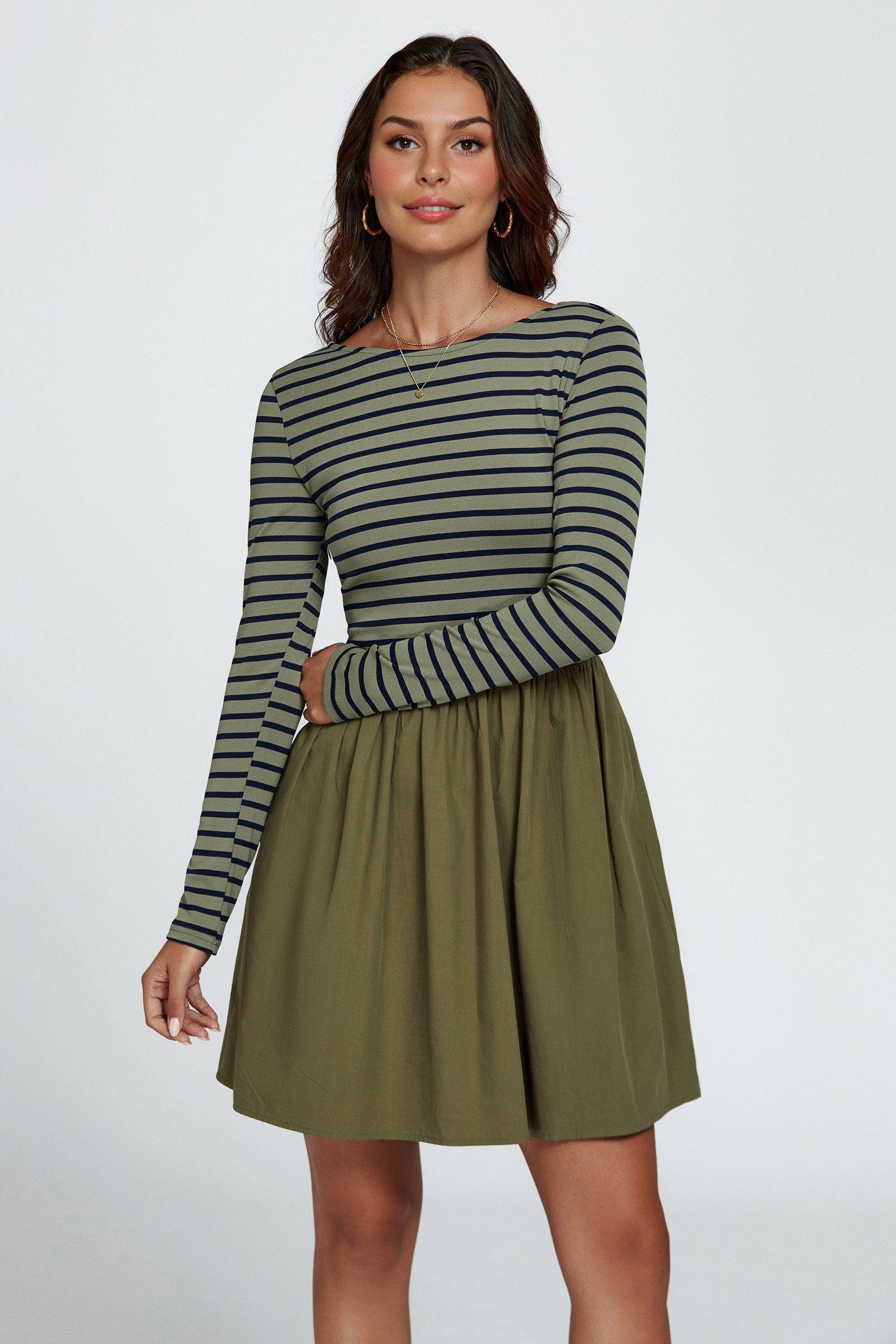 FS Collection Minikleid Damen Gestreiftes Minikleid Olivgrün – Langarm & Elegant (Einheitsgröße: XS (EU:36 / UK:8) · S (EU:38 / UK:10) · M (EU:40 / UK:12) · L (EU:42 / UK:14) · XL (EU:44 / UK:16) 95% Polyester, 5% Elastan – weich, atmungsaktiv und elastisch.