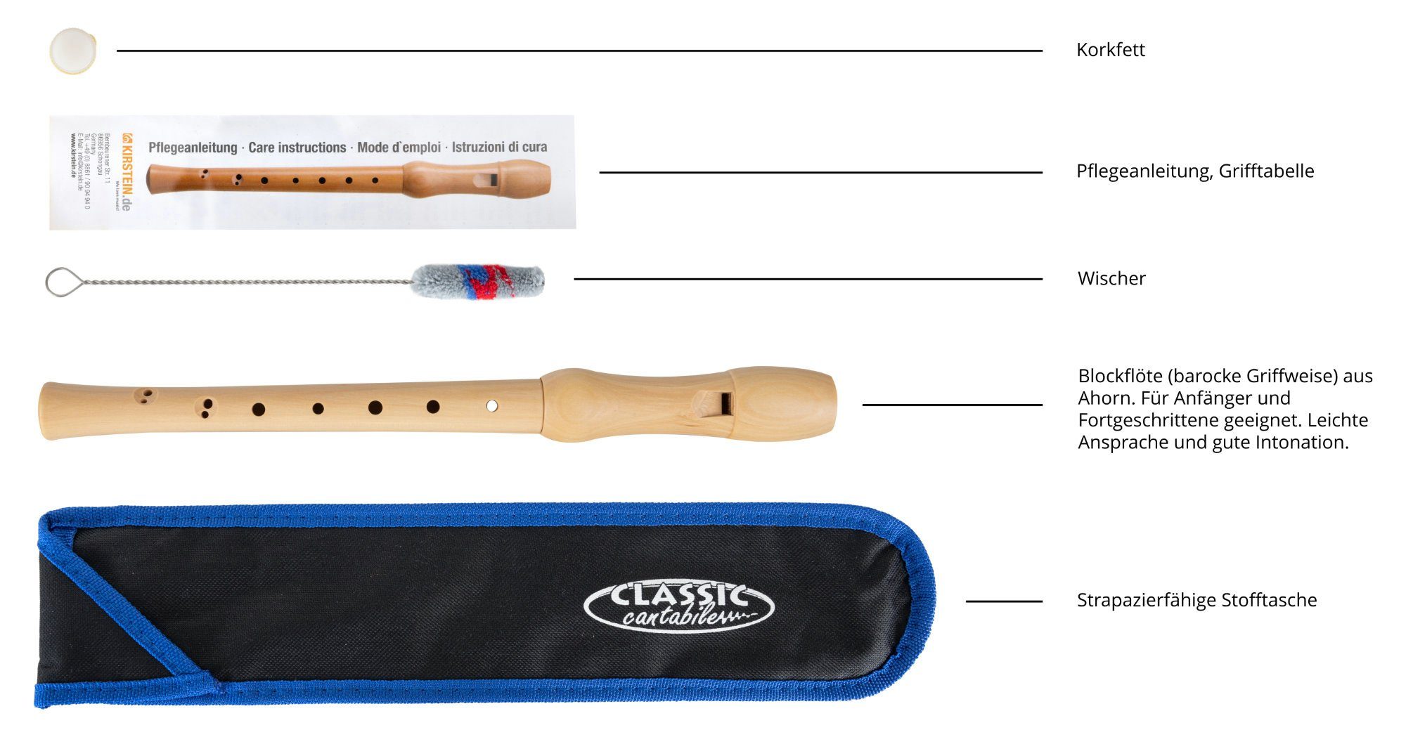 Classic Cantabile Blockflöte Stella aus edlem Ahorn C-Sopran Barock, Stella Set, Inklusive Grifftabelle, Etui, Korkfett & Wischerstab, 2-teilige Konstruktion – Bild 5 von 5