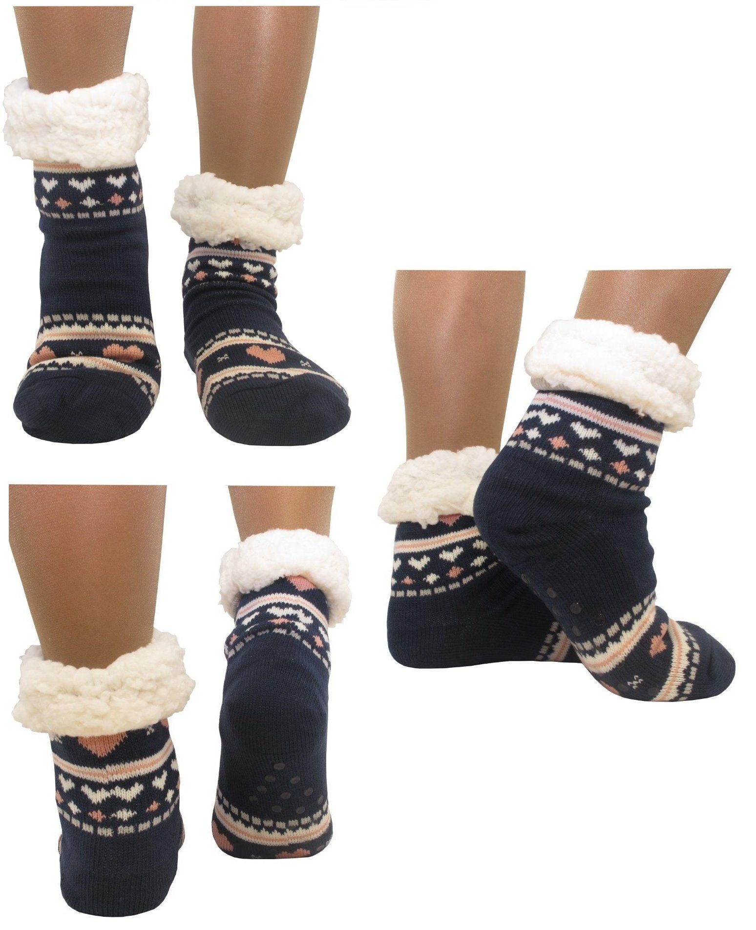 Kuschelsocken Hüttensocken Haussocken Hüttenschuhe Herz ABS Teddy Farbe: dunkelblau
