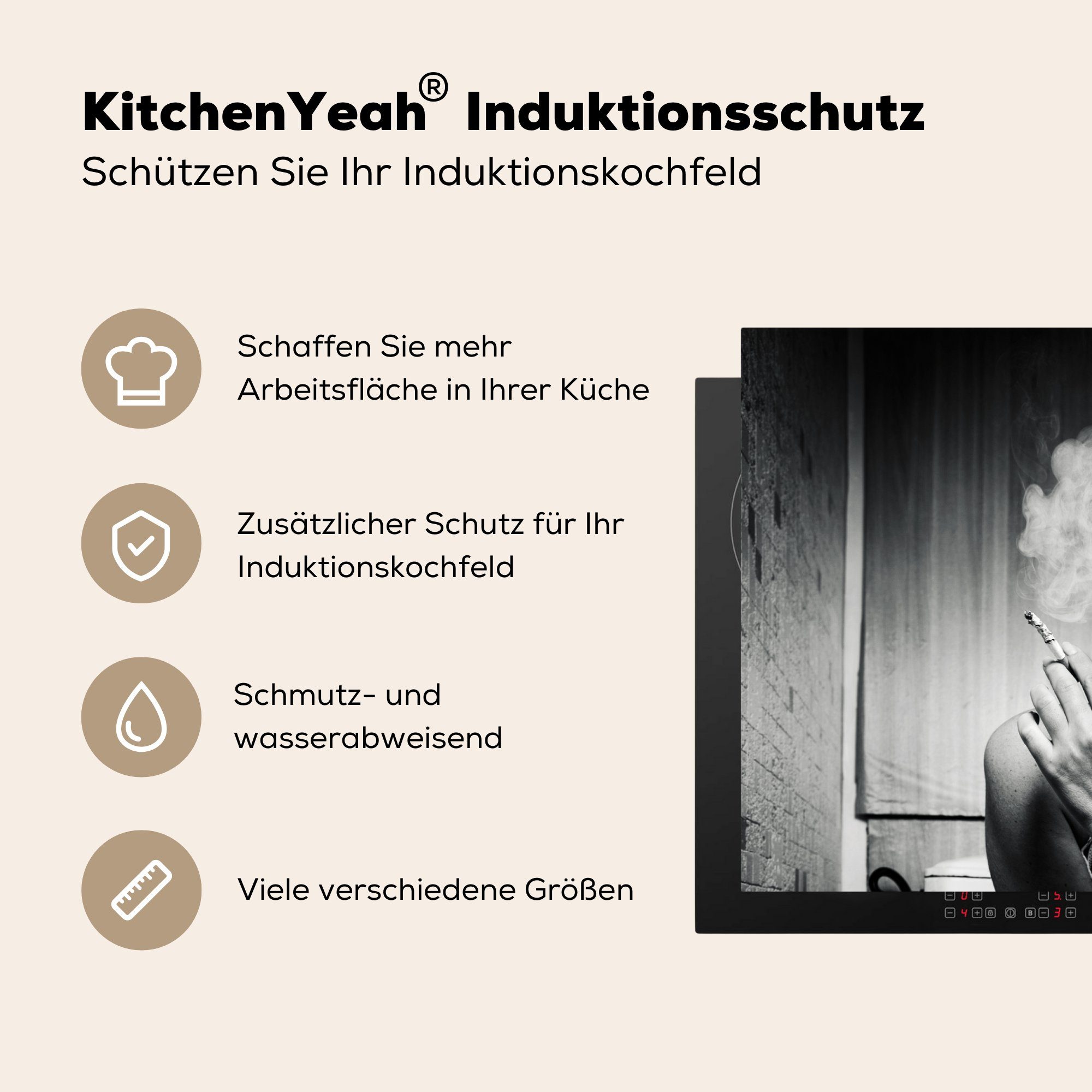 Frau Zigarette, Ceranfeldabdeckung, Vinyl, Toilette - Herdblende-/Abdeckplatte 81x52 cm, Vintage für Arbeitsplatte küche - (1 tlg), MuchoWow - - Lockenwickler