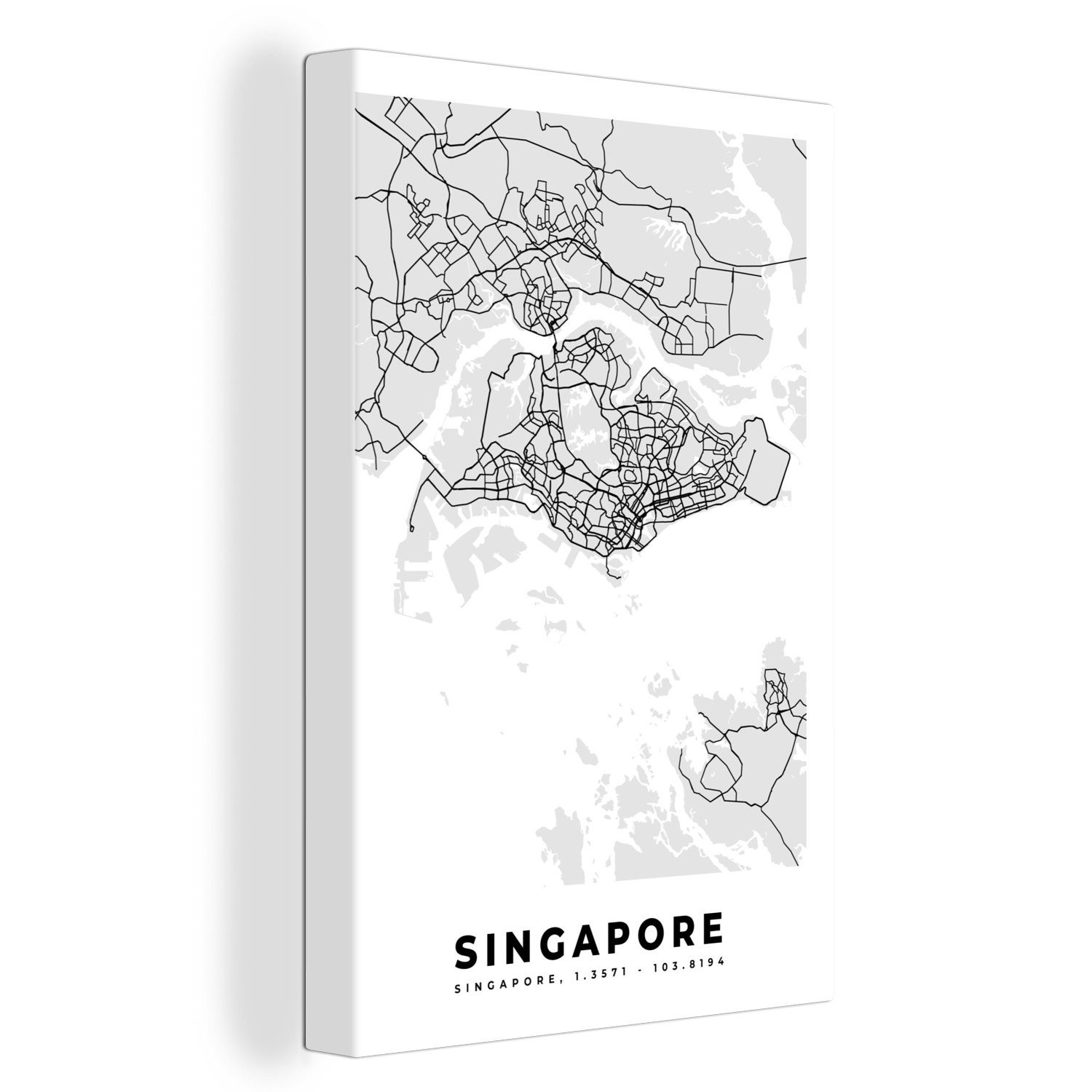 OneMillionCanvasses® Leinwandbild Singapur - Karte - Stadtplan - Schwarz und weiß - Karte, (1 St), Leinwandbild fertig bespannt inkl. Zackenaufhänger, Gemälde, 20x30 cm