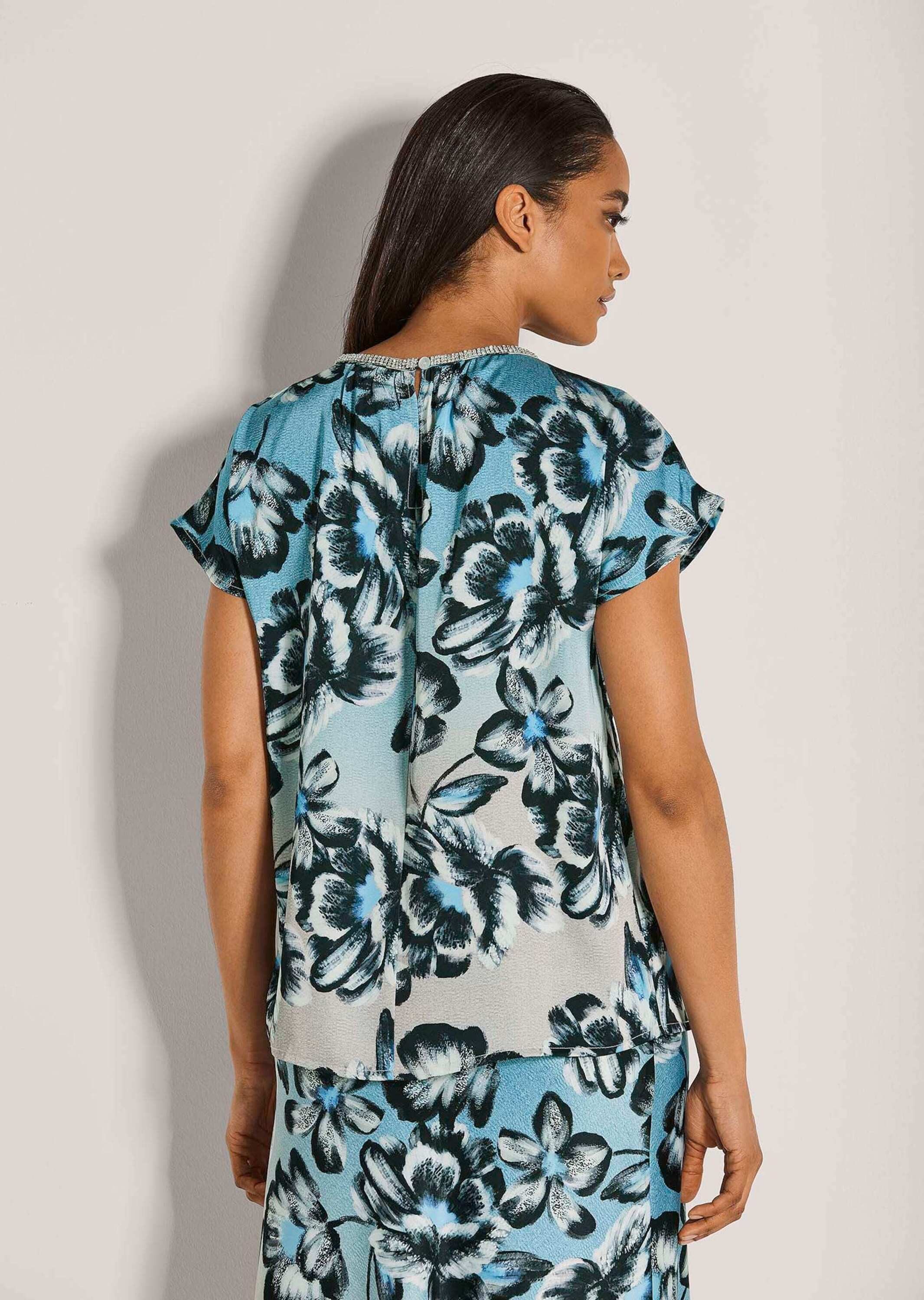MADELEINE Langarmbluse Moderne ärmellose Bluse Floral-Print, Rundhals, Strassdetails, kurze Ärmel
