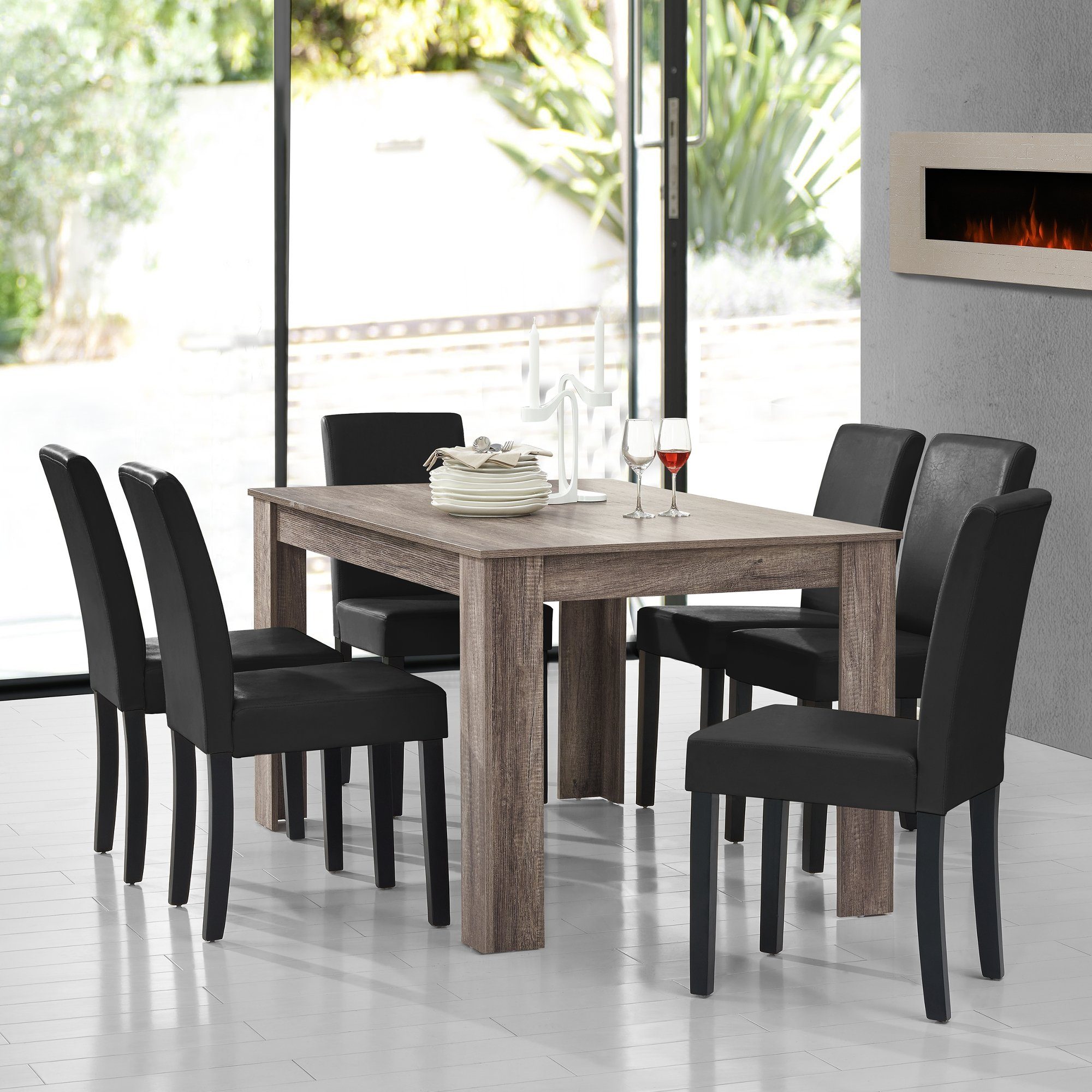 en.casa Essgruppe, (7-tlg., Esstisch mit 6 Stühlen), »Forssa« 140x90cm Küch günstig online kaufen