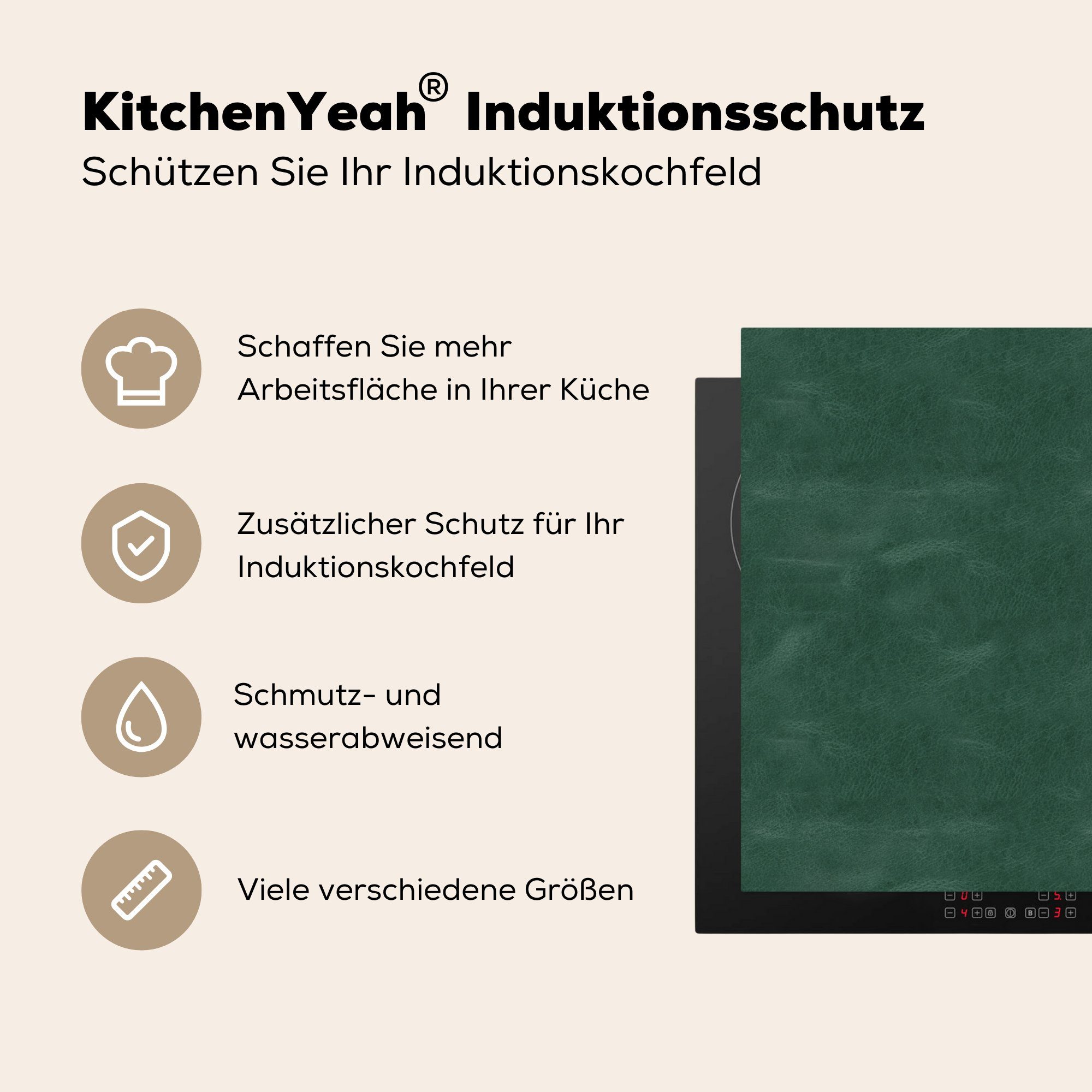 MuchoWow Herdblende-/Abdeckplatte Induktionsschutz - Leder küche - (1 Arbeitsplatte tlg), cm, 83x51 Ceranfeldabdeckung, Vinyl, - Grün Tierfell, für