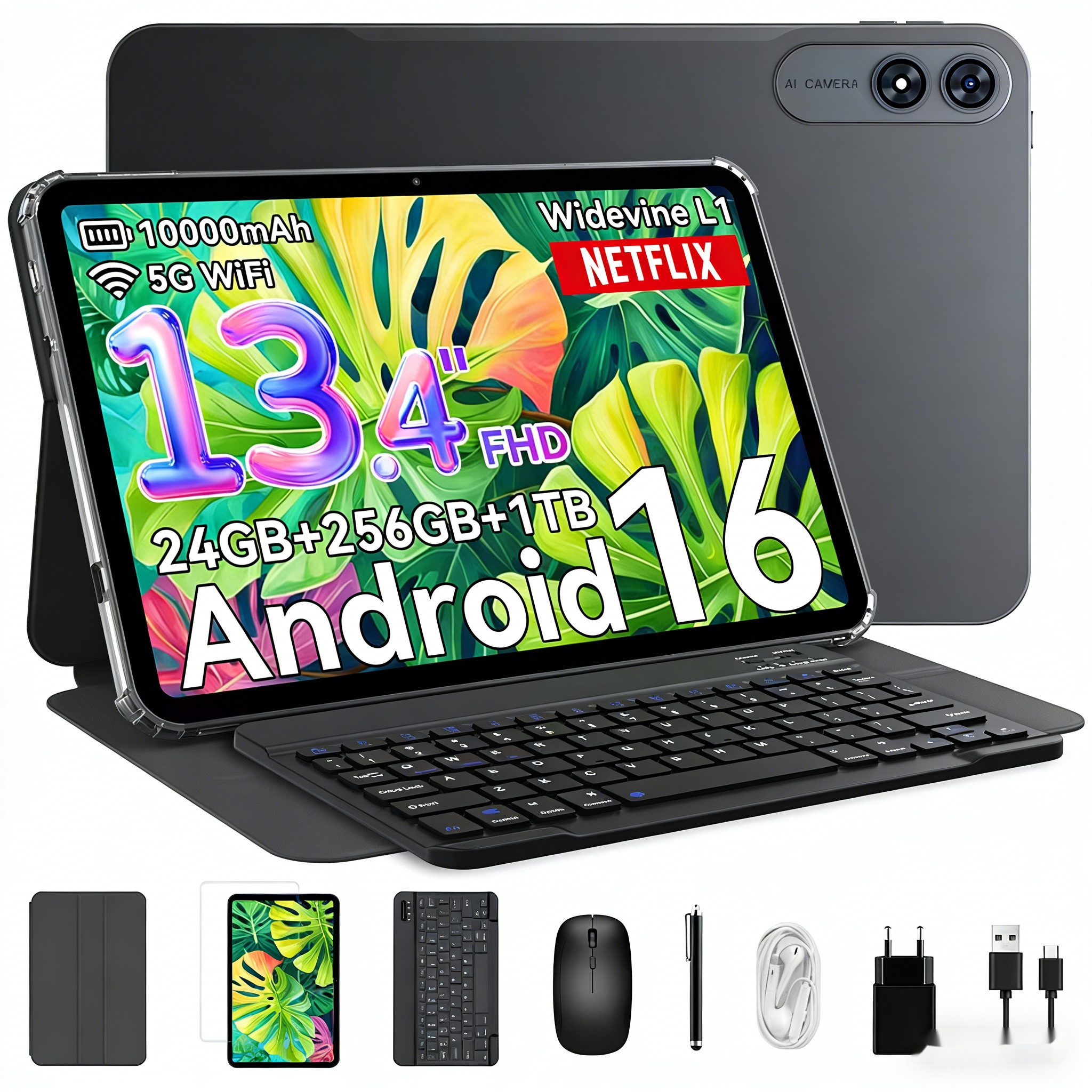 VekfulPC T60Pro 13.4" Android 16 10000mAh mit Tastatur, Maus, Kopfhörer, Stift Tablet (13.4", 256 GB, Android15, 10000 mAh, Android 16, Gemini AI, mit Zubehör/Kabel-Headset, 5GWiFi)