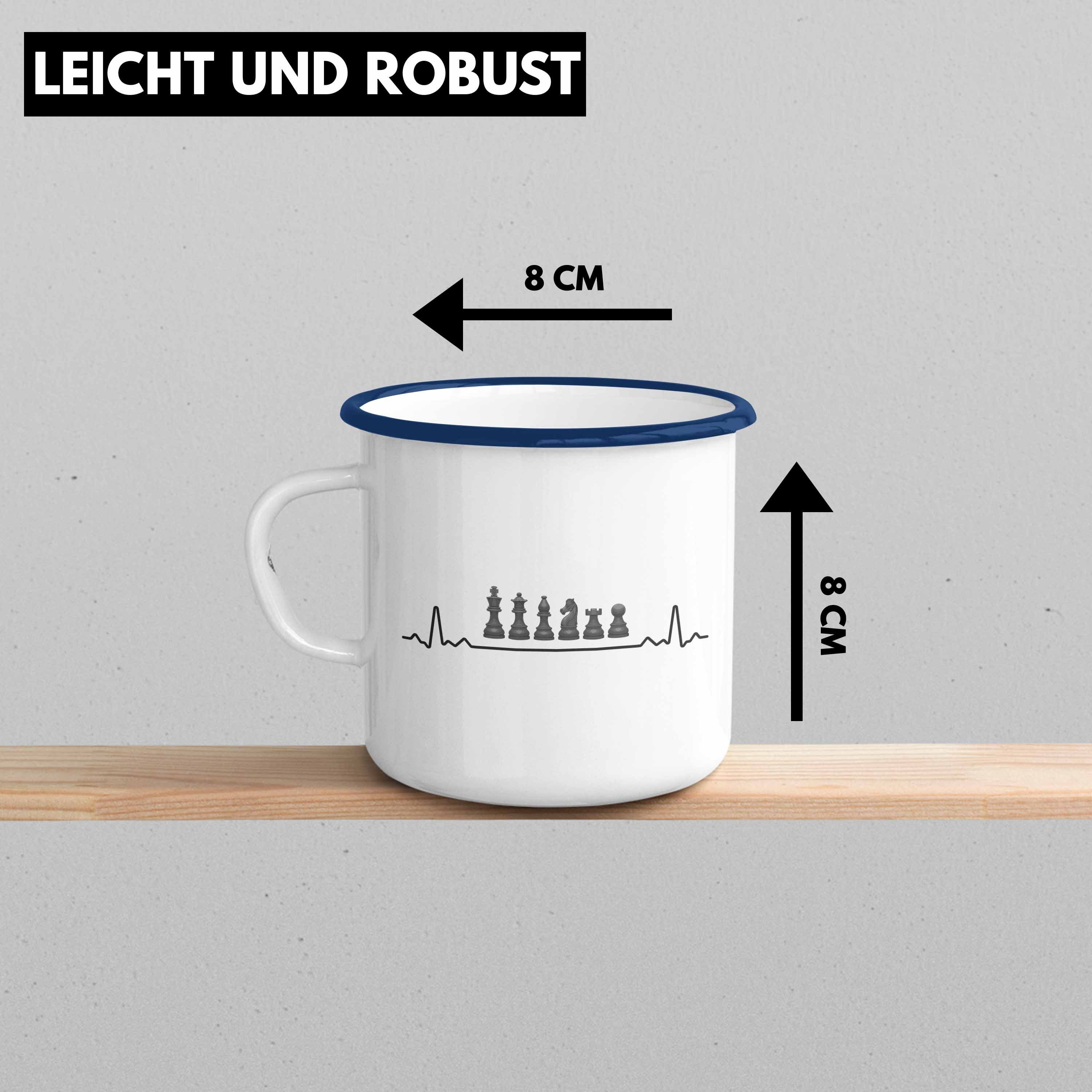 Emaille Trendation Tasse Blau Schachfiguren Thermotasse - Grafik mit Geschenk Geschenkidee Spruch Schach Schachspieler Trendation