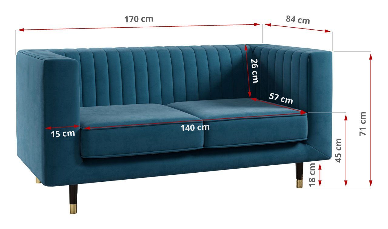 Sofa MÖBEL Beinen, Kronos Stil, Loungemöbel 3 ELMO Blau im Möbelset hohen 1, modischen 2 mit MKS