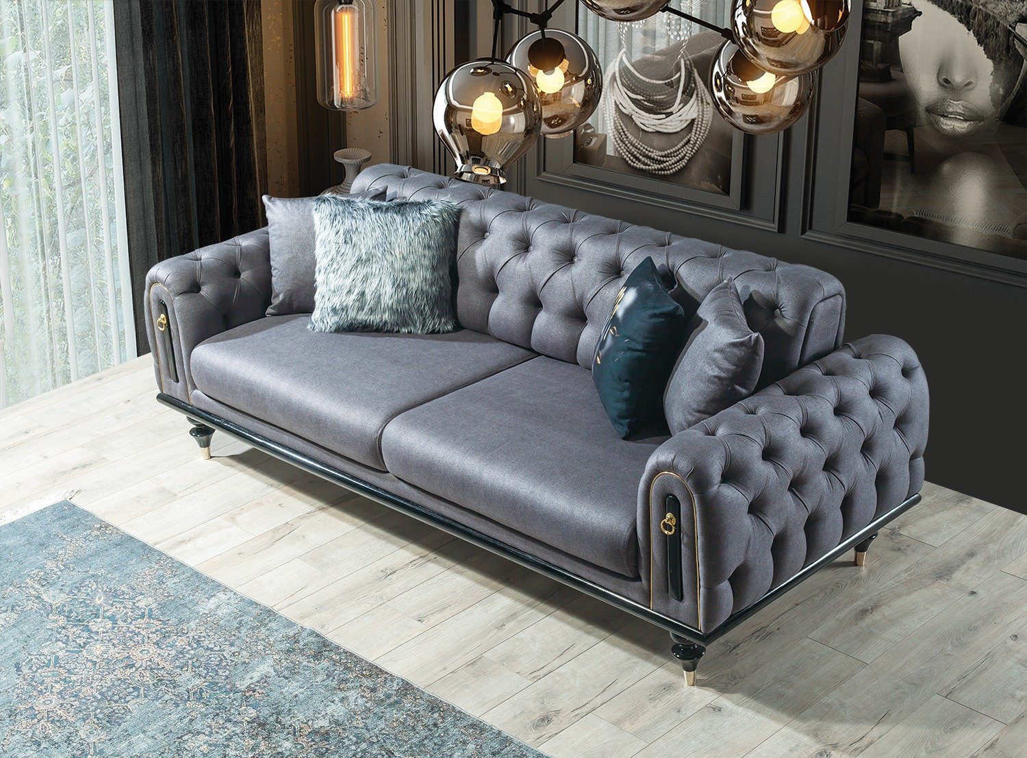 Polyester) in Grau 2-Sitzer, Sofa Möbel (100% Villa Luxus-Microfaser Stk. Pablo, Quality Made 1 Turkey,