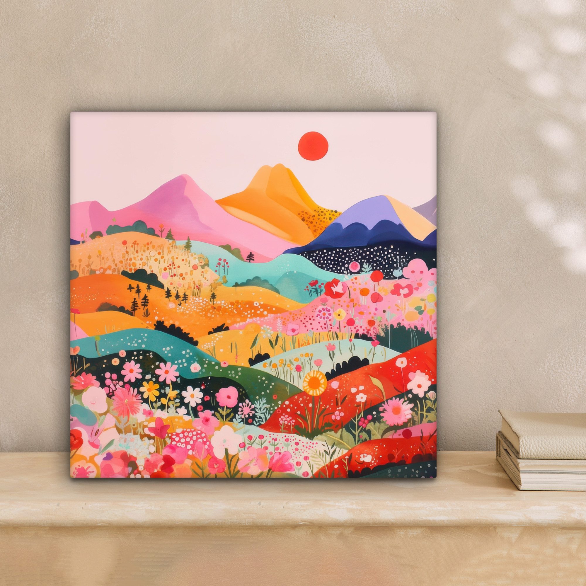 OneMillionCanvasses® Leinwandbild Bunte Blumen - Berge - Fantasielandschaft günstig online kaufen