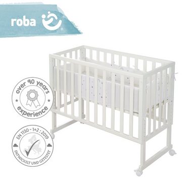 roba® Stubenbett Safe Asleep® 2in1, weiß, Sternenzauber grau, mit 4 Rollen, Matratze, Nestchen und Sicherheitsbarriere