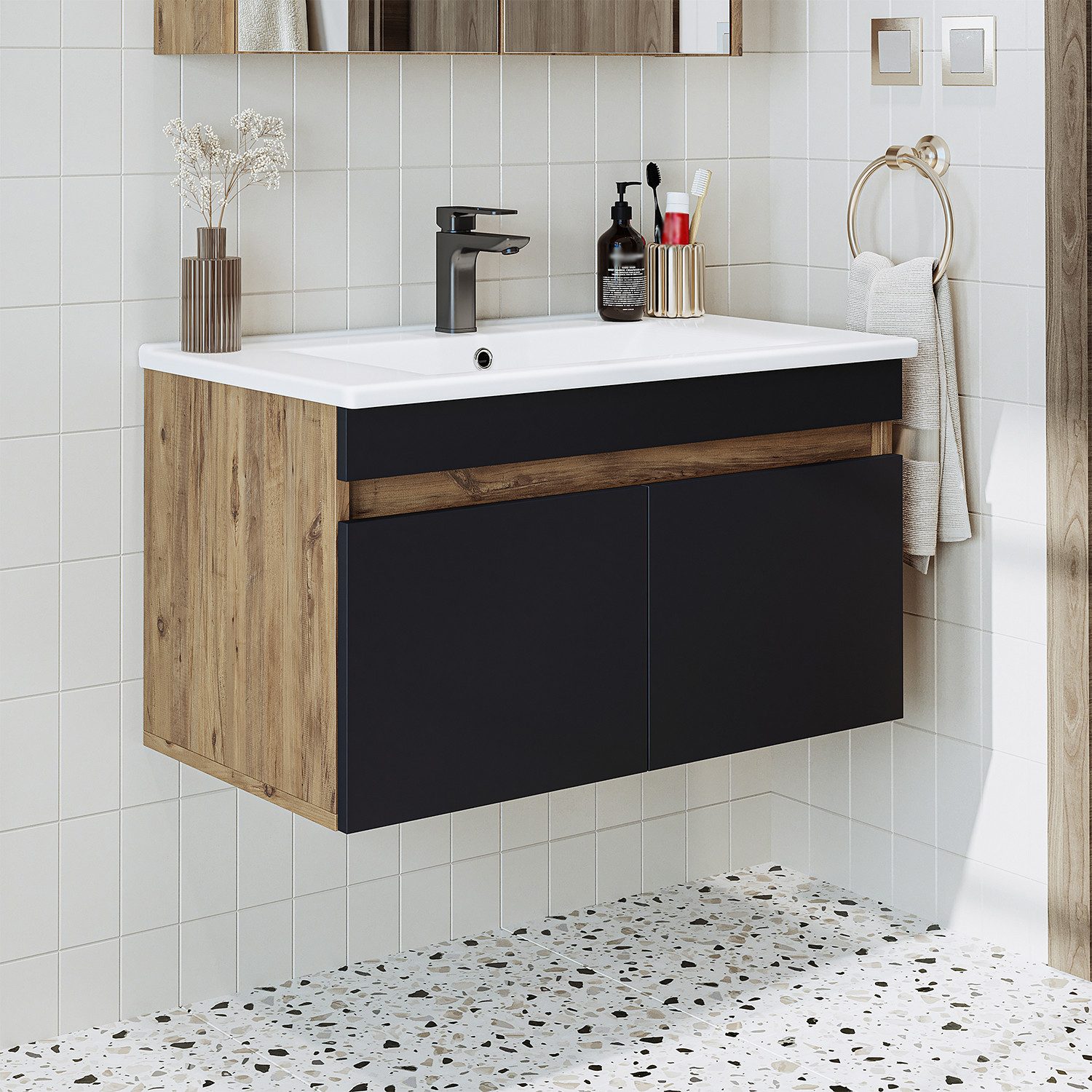 Roomart Waschtisch ATRIA Unterschrank 85 cm, Keramik-Einbaubecken, 4 Farben, Soft-Close (Badmöbel ATRIA 85 cm in 4 Farben Unterschrank mit Waschbecken), Keramik-Einbaubecken, Ablagefläche 15,5 cm, Soft-Close, hängend