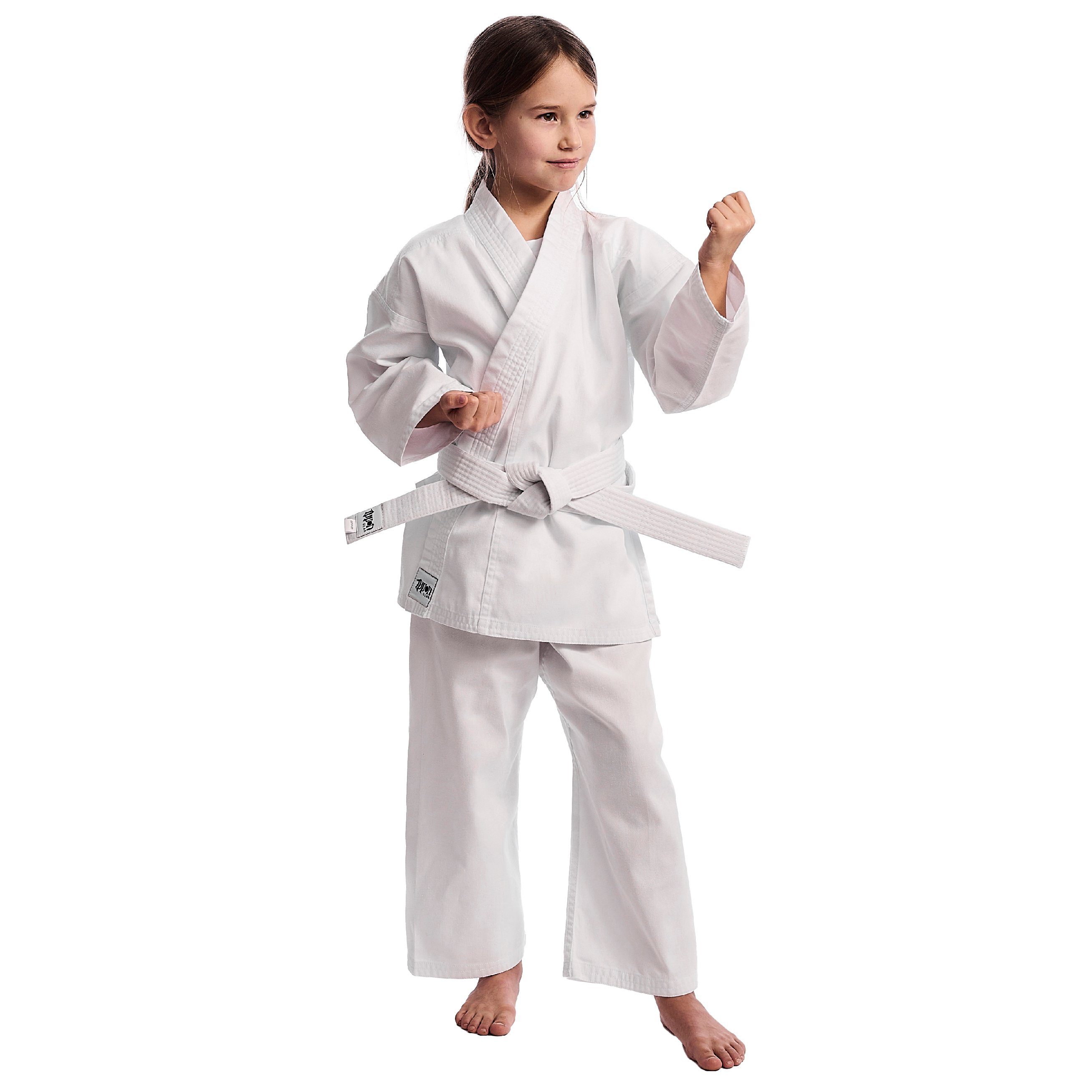 IPPON GEAR Karateanzug Club Karate GI Set Einsteiger Karateanzug Kinder Anzug inkl. Gürtel, [Größe 100 I Gummizug an der Hose I 220gr/m² (8 oz) Stoffdichte] weiß