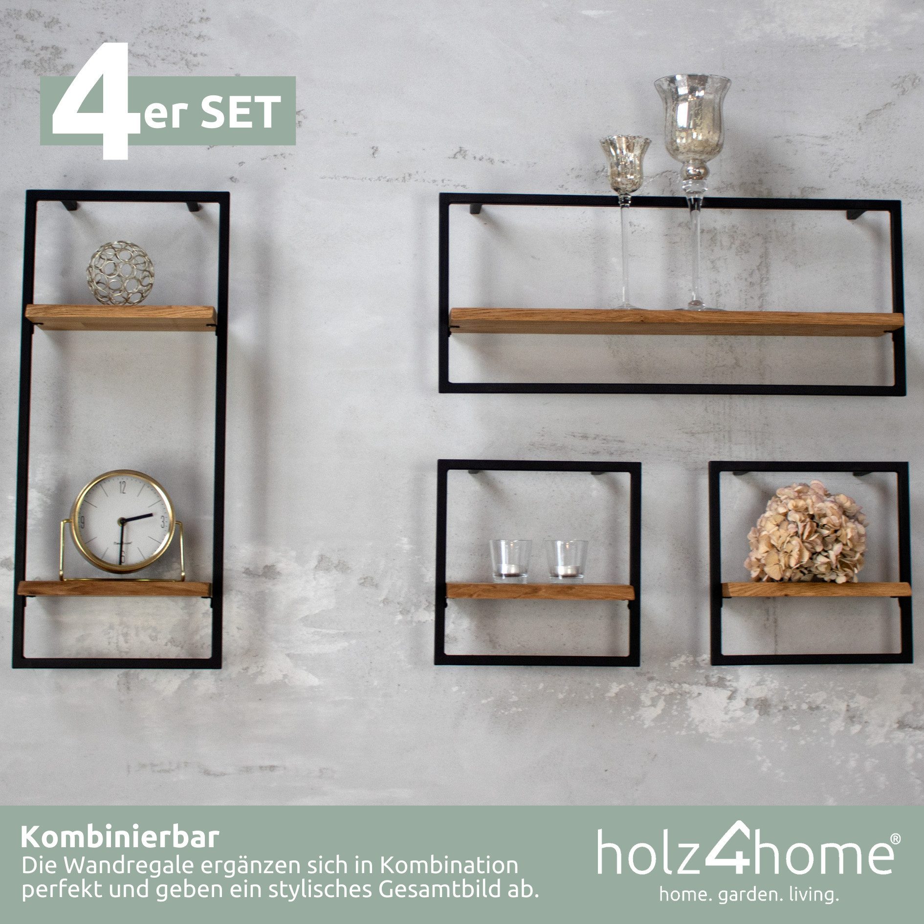 holz4home® Wandregal Natur Eiche mit Metallrahmen Schwarz I Mit Baumkante, günstig online kaufen