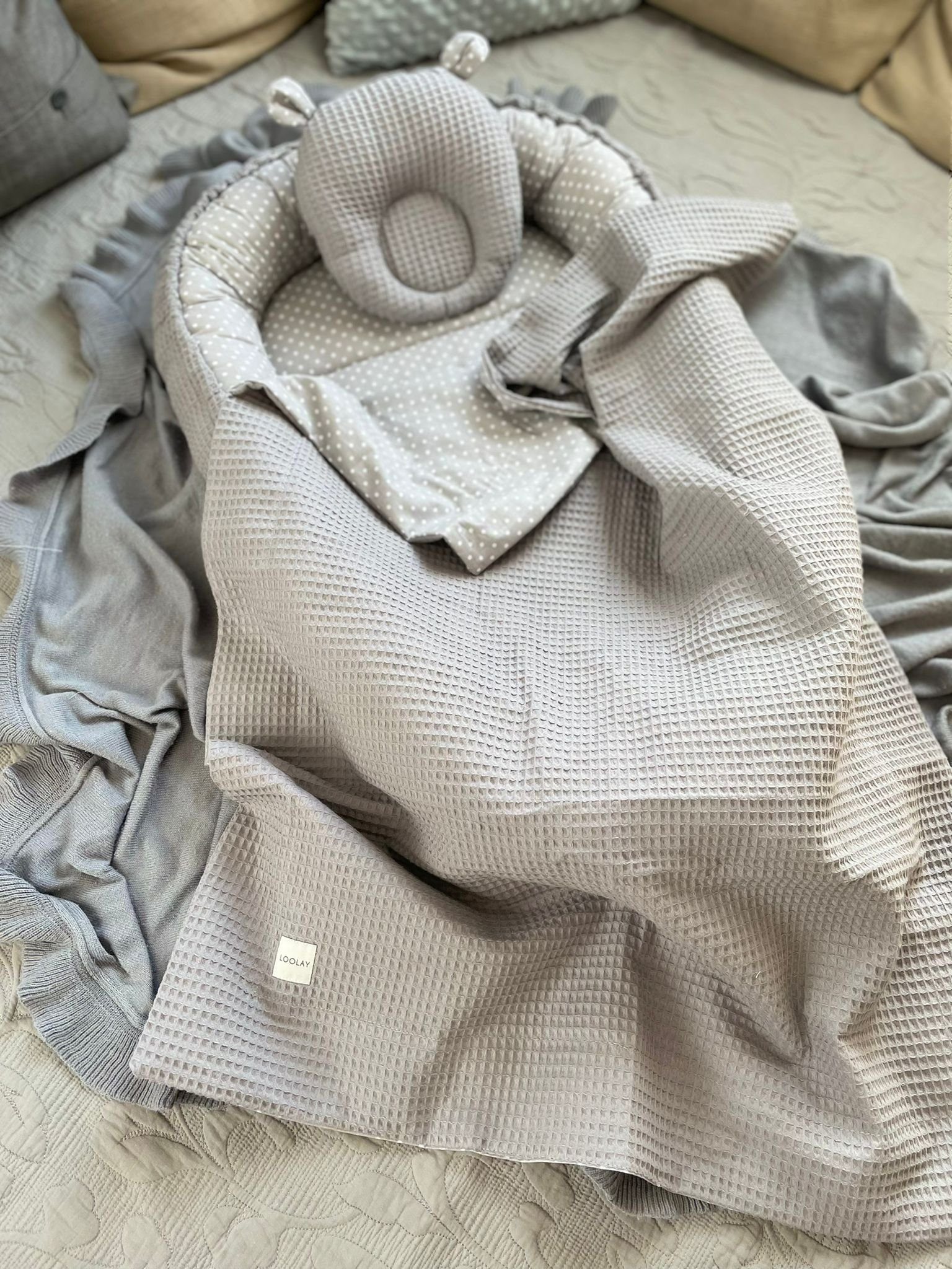 Loolay Bettnestchen WAFFELPIQUE Baumwolle BABYNEST Babykokon Neugeborene Babyaustattung, (Reisebett Nestchen SOLO/ o. in Geschenk SETS, 5-tlg., 4 Jahreszeiten A – Bild 4 von 5