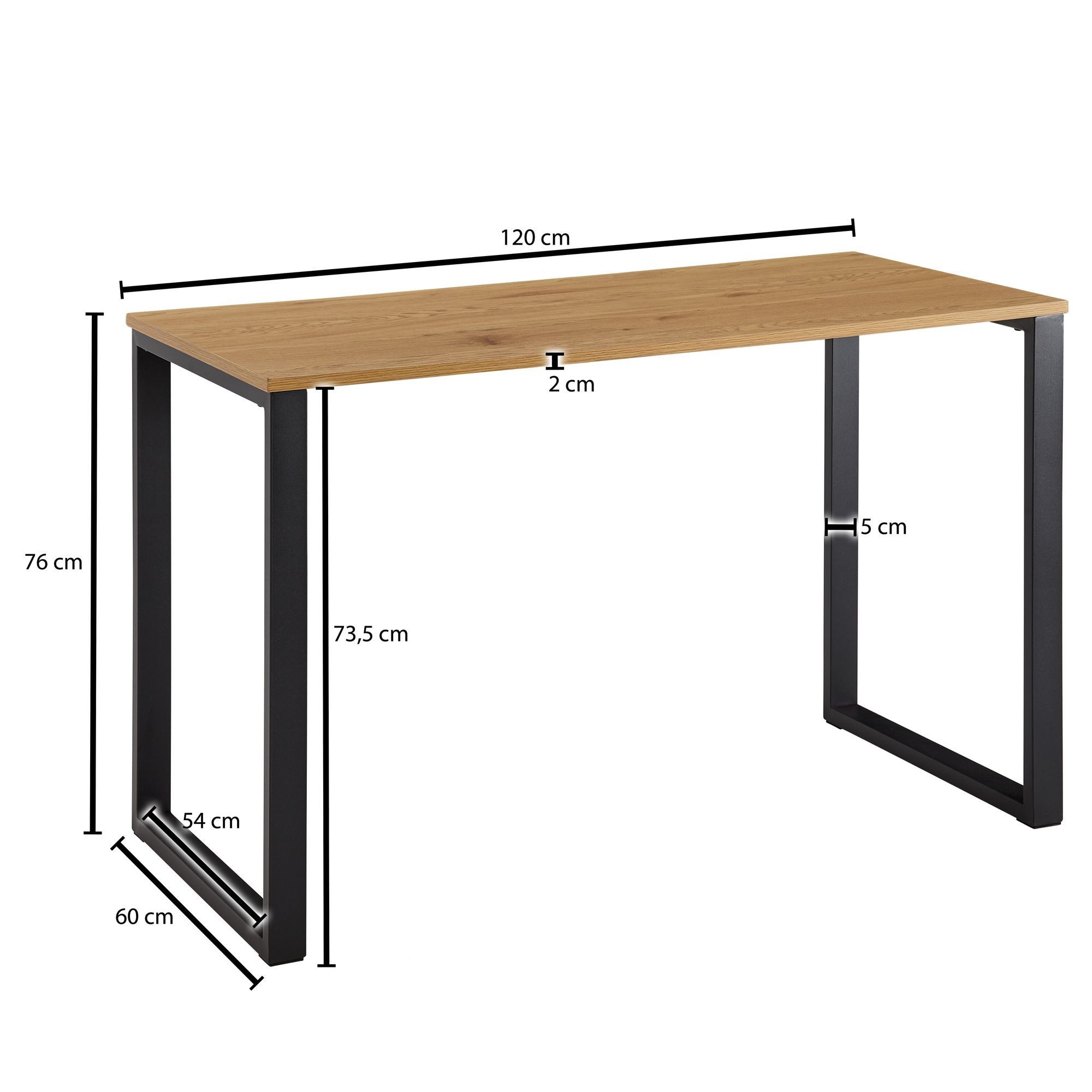 FINEBUY Schreibtisch FB77703 Bürotisch Eiche Schwarz 120x60x76 cm Computertisch Tisch (Laptoptisch Home-Office, Computertisch Metallbeine), Bürotisch Klein, Eiche-Dekor / Schwarz 120x60x76